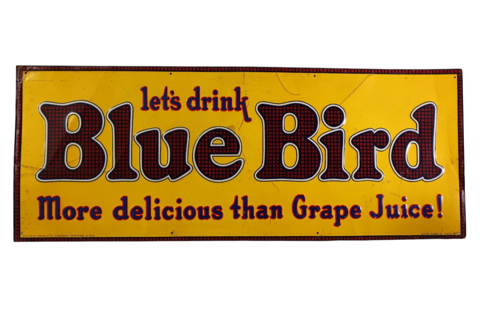 BLUE BIRD METAL SIGN: SST BLUE BIRD SODA SIGN, SCRATCHES. CREASES. 35 3/4" x 14"