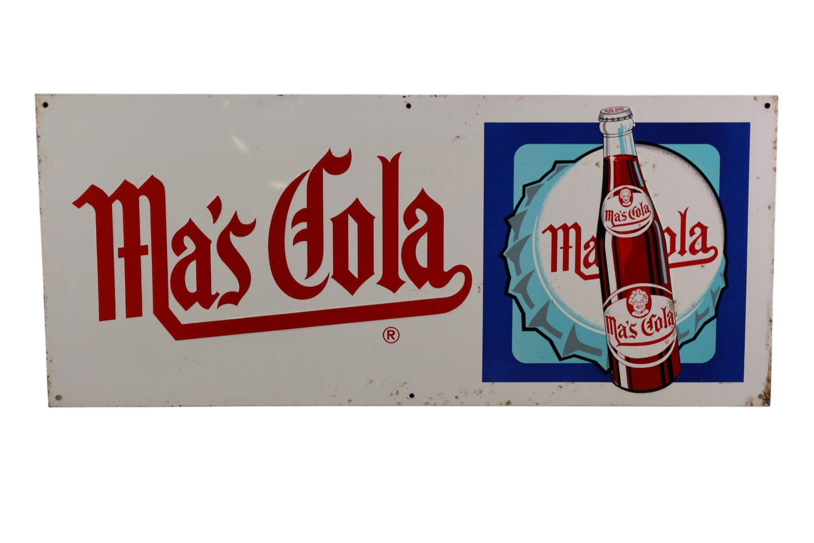 MA'S COLA METAL SIGN: SST MA'S COLA SIGN, PAINT LOSS. 28" X 12"
