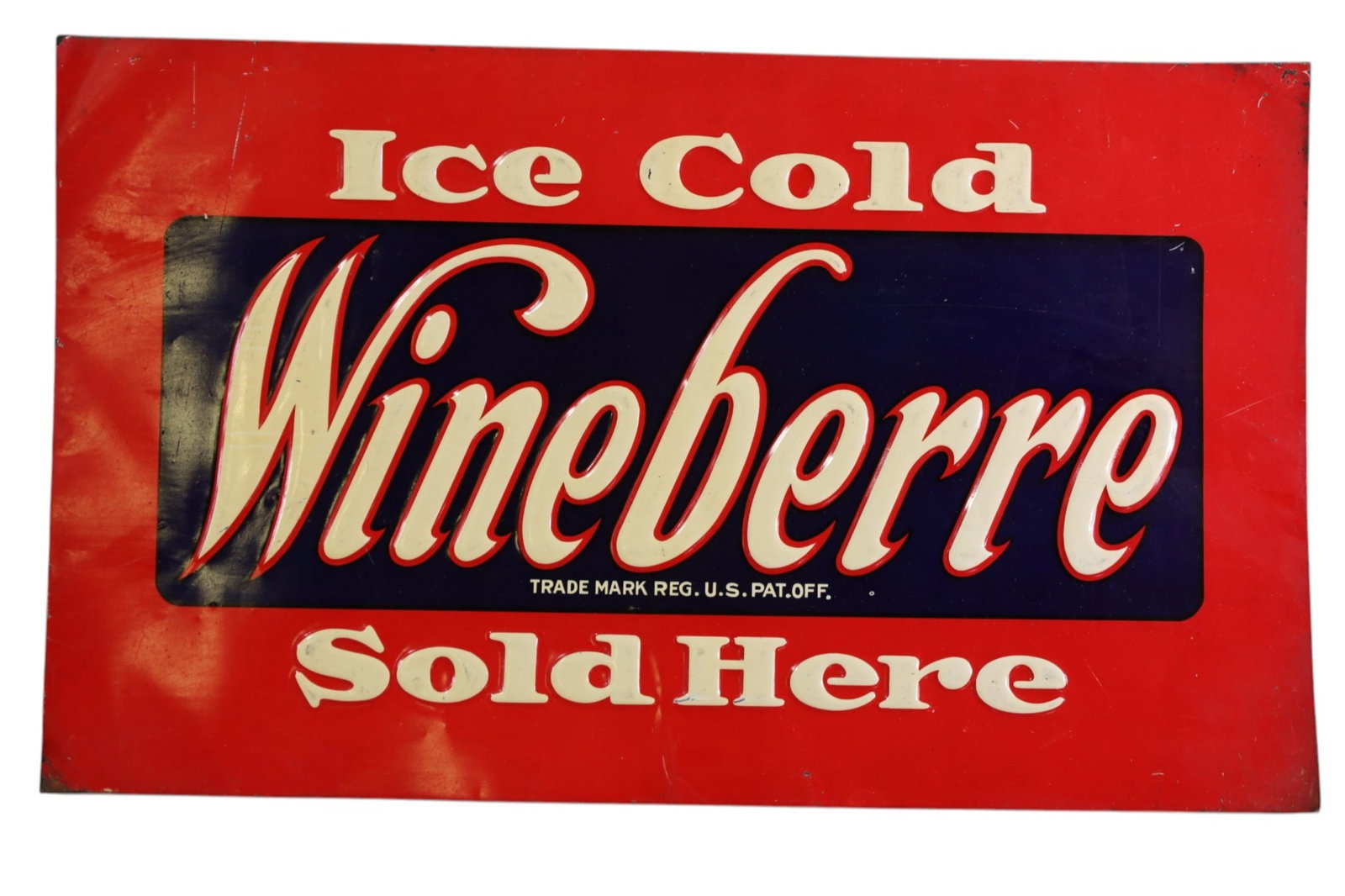 WINEBERRE METAL SIGN: SST ICE COLD WINEBERRE SOLD HERE SIGN, SCRATCHES. 20" x 12"