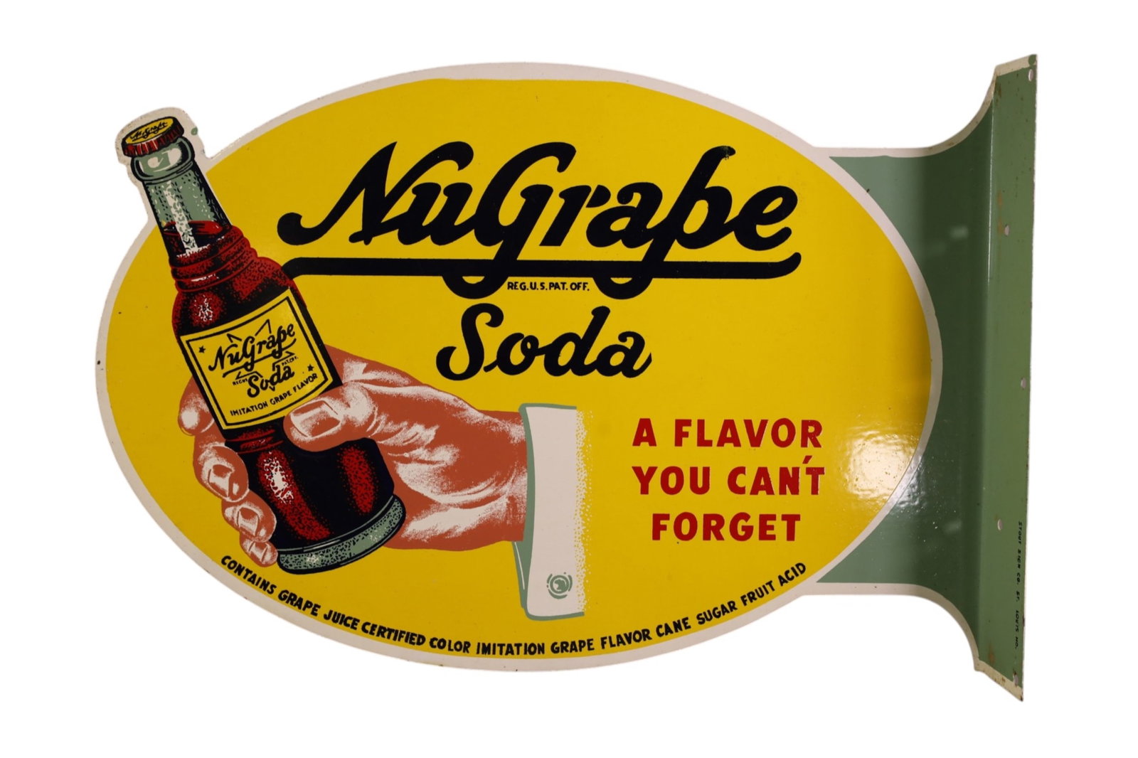 NUGRAPE SODA FLANGE SIGN: DOUBLE SIDED METAL NUGRAPE SODA FLANGE SIGN. 20" x 13 1/2"