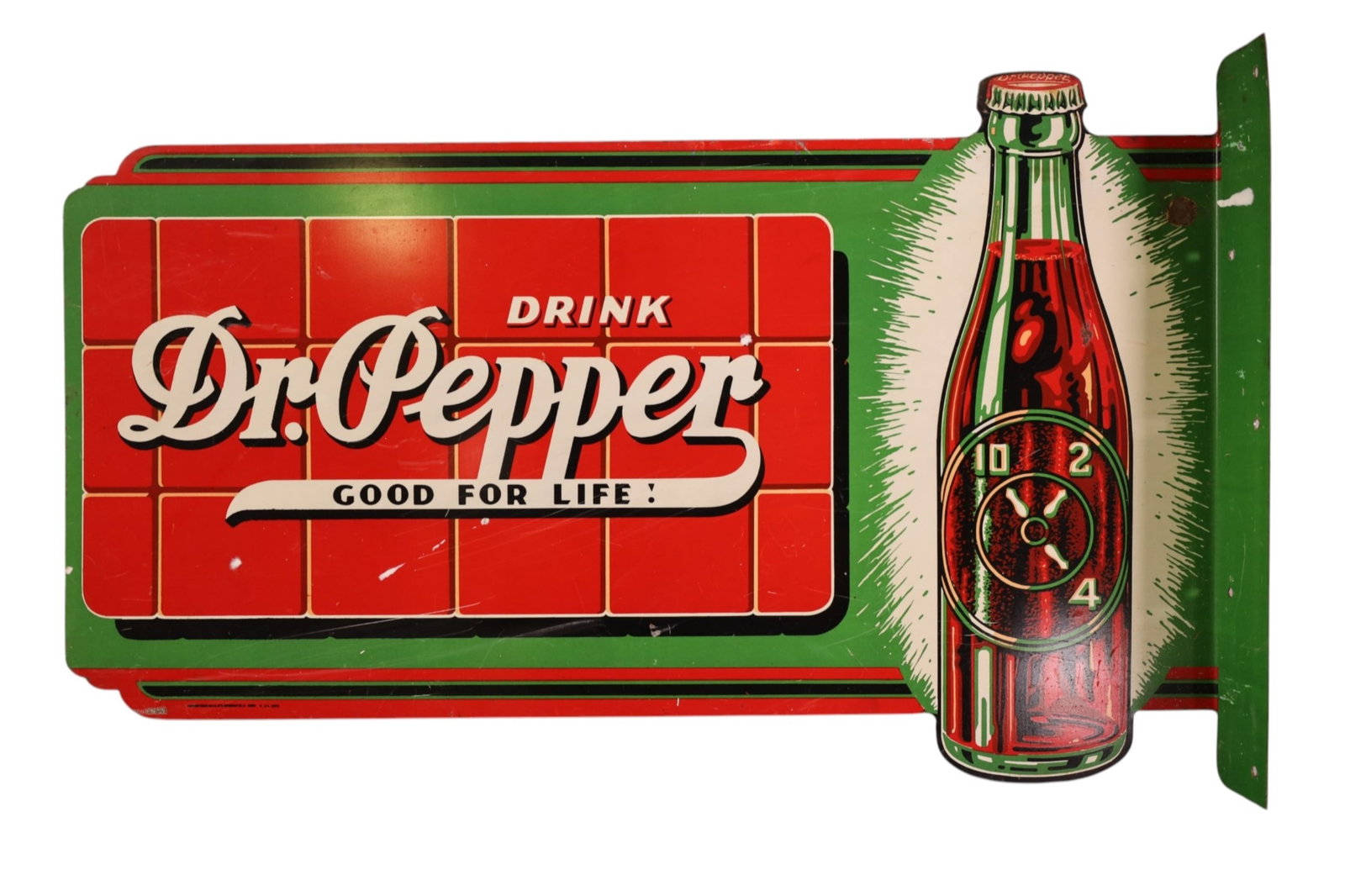 DR. PEPPER FLANGE SIGN (TAC): DOUBLE SIDED METAL, DRINK DR PEPPER FLANGE SIGN. GOOD COLOR & GLOSS. SURFACE SCRATCHES ON BOTH SIDES. DIME SIZE HIT ON TOP. 24" x 14 1/2" RATED 8.25/8.5. TAC#063403