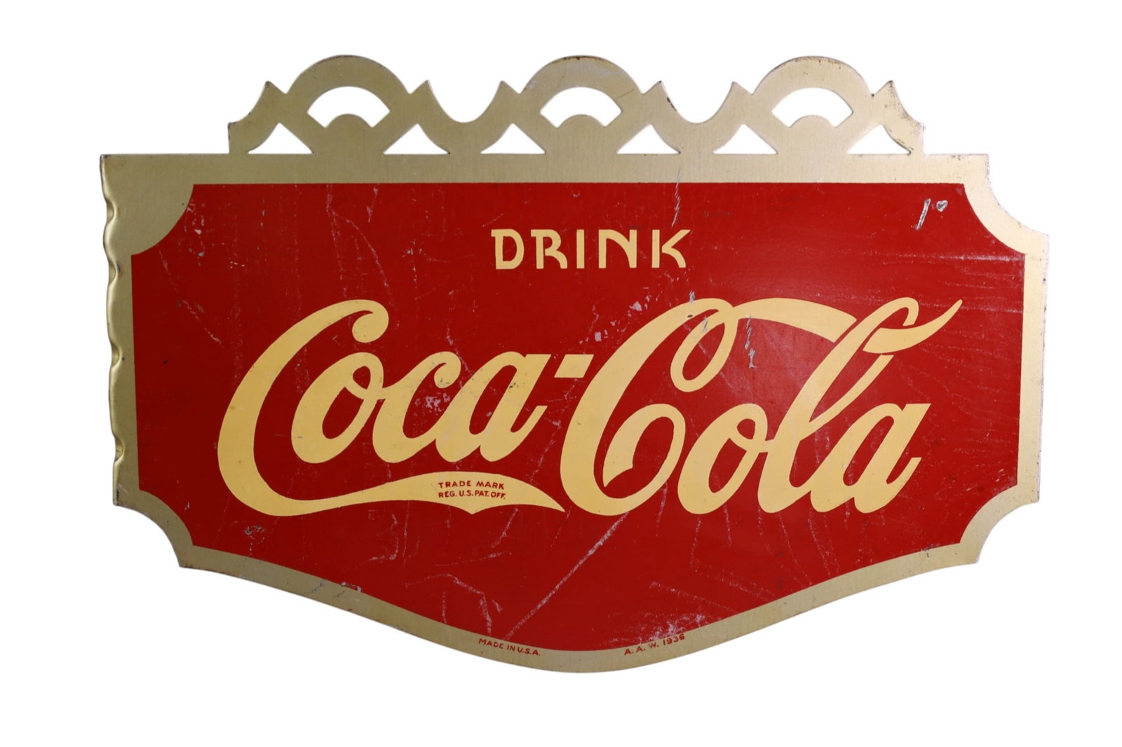 COCA COLA FLANGE SIGN: DOUBLE SIDED METAL, DRINK COCA COLA FLANGE SIGN, SCRATCHES. 13 1/4" x 20 1/4"