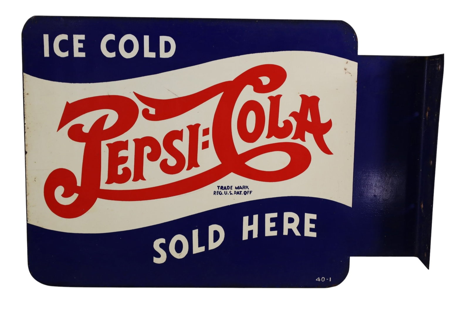 PEPSI COLA FLANGE SIGN: DOUBEL SIDED PAINTED METAL PEPSI COLA FLANGE SIGN. 14 1/2" x 10"