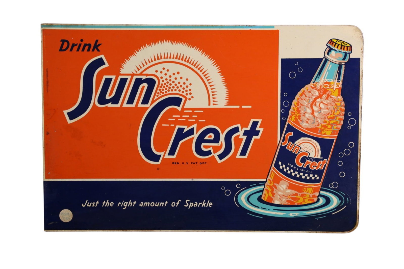 SUNCREST SODA FLANGE SIGN: DOUBLE SIDED METAL SUNCREST SODA FLANGE SIGN, 18" x 11 3/4"