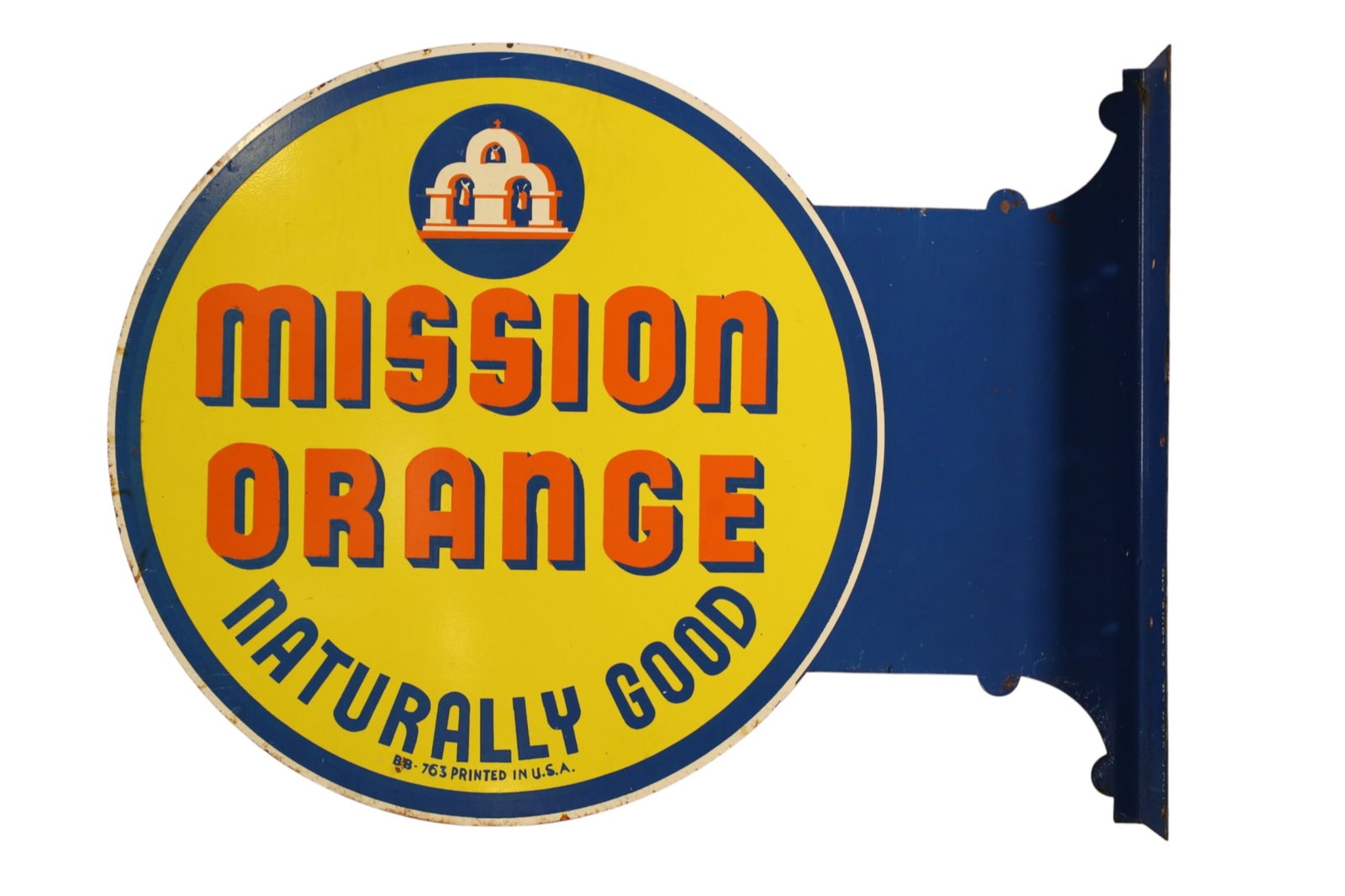 MISSION ORANGE FLANGE SIGN: DOUBLE SIDED PAINTED METAL MISSION ORANGE SIGN. 18" x 13 1/2"