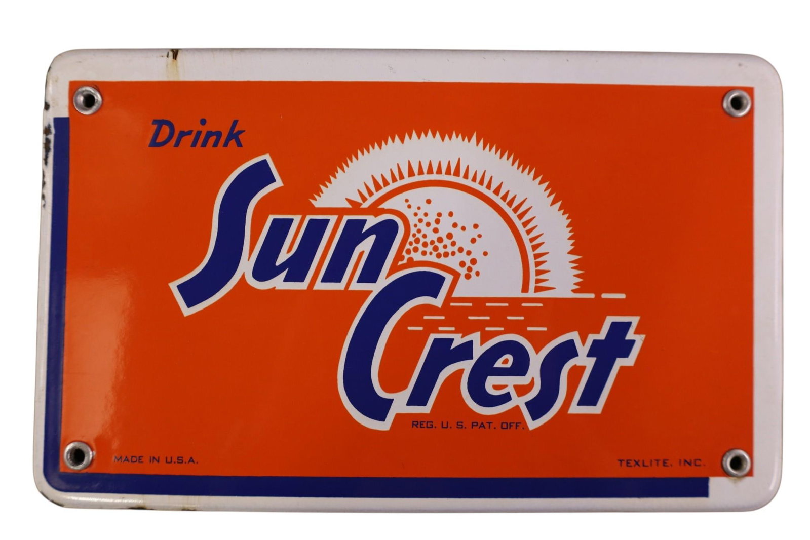 SUN CREST PORCELAIN SIGN: SMALL SSP DRINK SUN CREST SIGN, CHIPS ALONG EDGE. 10 1/2" x 6 1/2"