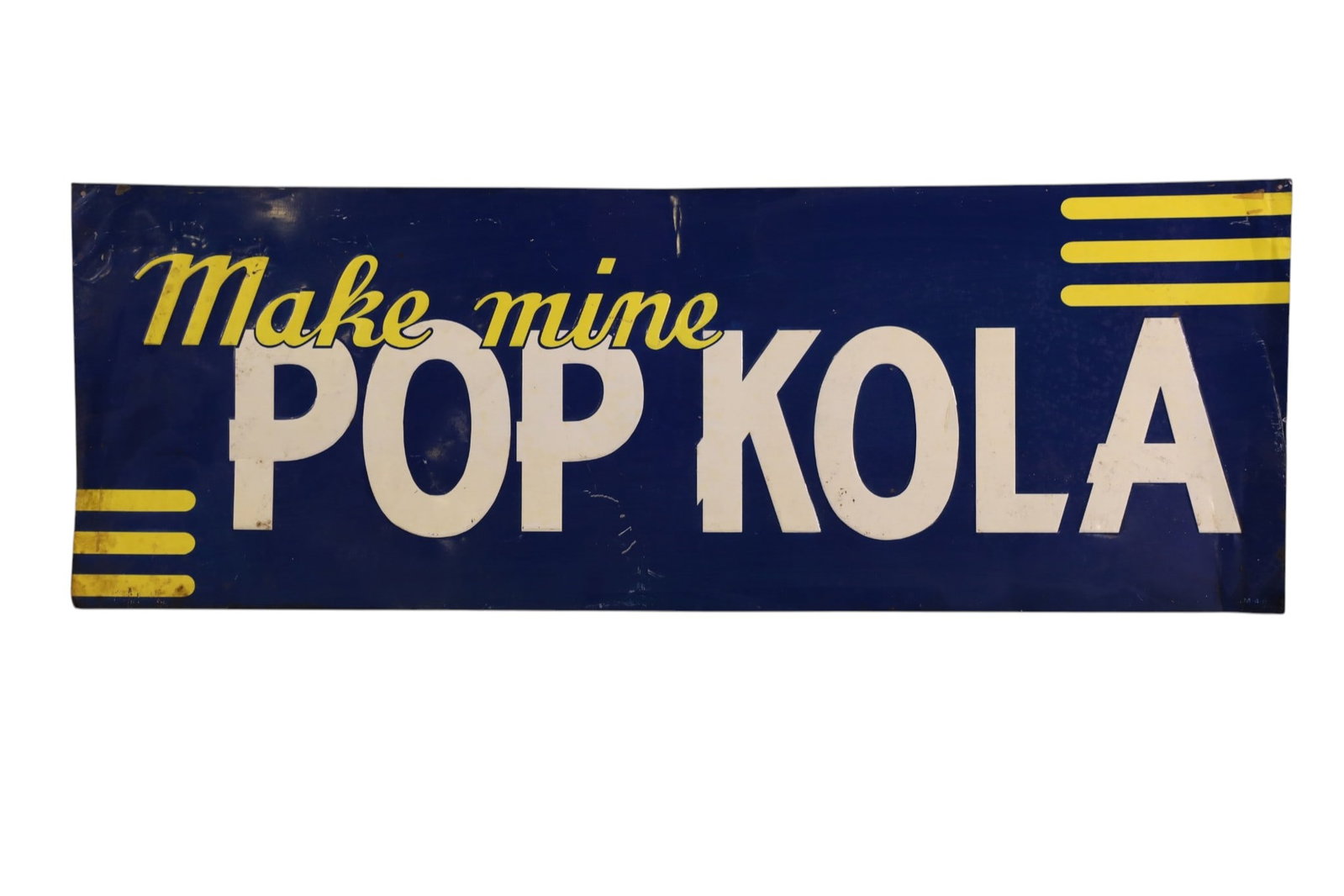 POP KOLA METAL SIGN: SST MAKE MINE POP KOLA METAL SIGN, SCRATCHES, PAINT LOSS. 28" x 10"