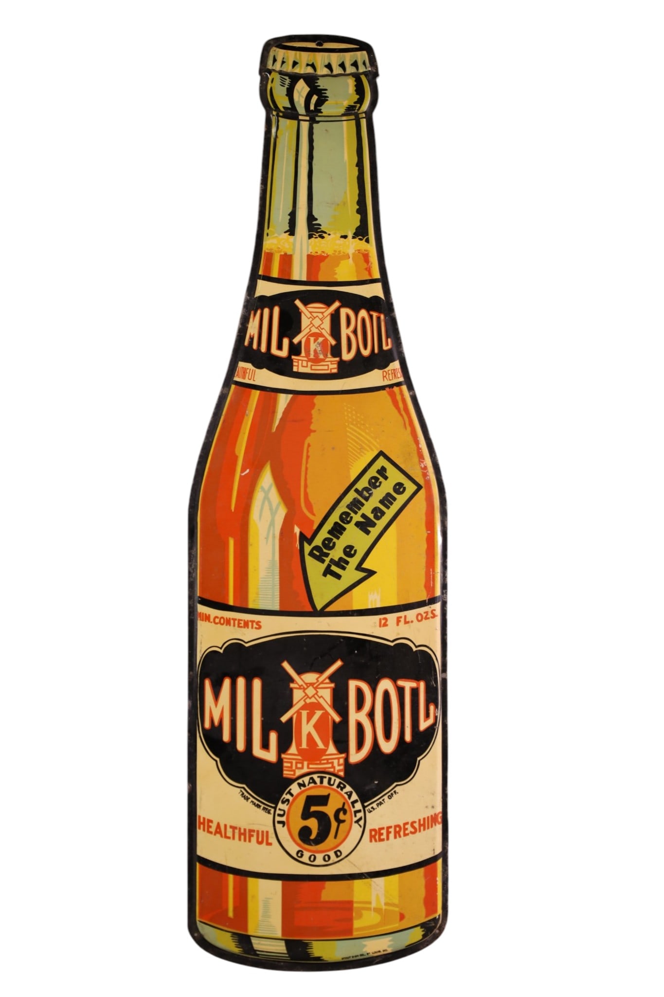 MILK BOTTLE METAL SIGN: SST DIE CUT BOTTLE SIGN, MILK BOTTLE. SCRATCHES, PAINT LOSS, 29 1/2" x 8"