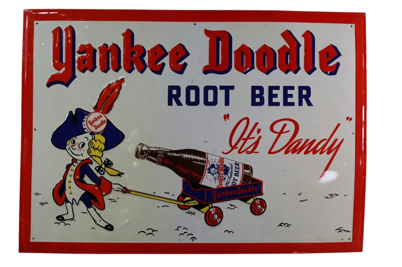 YANKEE DOODLE ROOT BEER SIGN: SST YANKEE DOODLE ROOT BEER SIGN, SCRATCHES. 27" x 19 1/2"