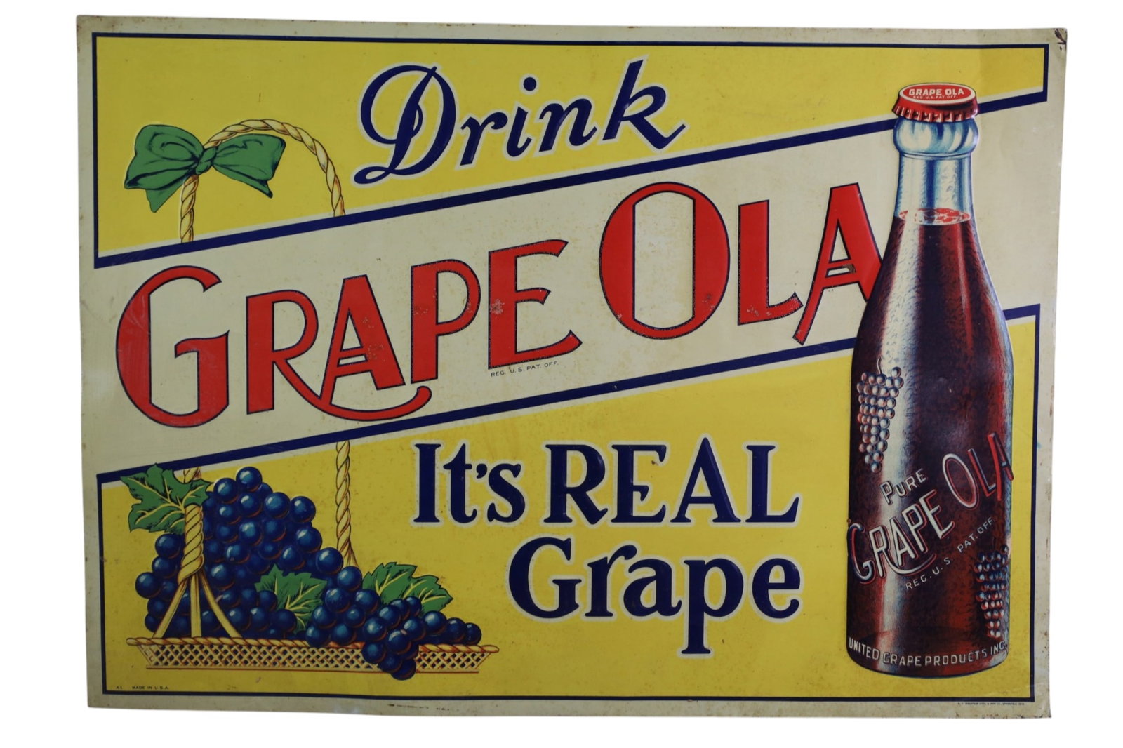 GRAPE OLA SODA METAL SIGN: SST DRINK GRAPE OLA SIGN, PAINT LOSS. SCRATCHES. 27 1/2" X 19 1/2"