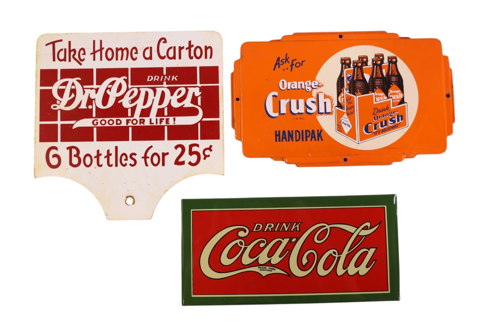 3 SMALL SODA SIGNS: ORANGE CRUSH HANDIPAK SIGN, & COCA COLA OVER CARDBOARD SIGN, & DR. PEPPER CARTON SIGN. 8 - 9 1/2"