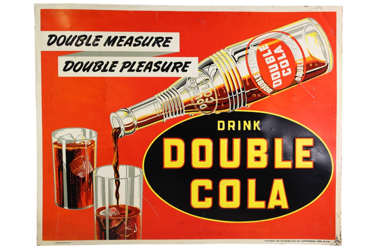 DOUBLE COLA METAL SIGN: SST DRINK DOUBLE COLA SIGN, WITH BOTTLE GRAPHIC. SCRATCHES. 28" X 11"