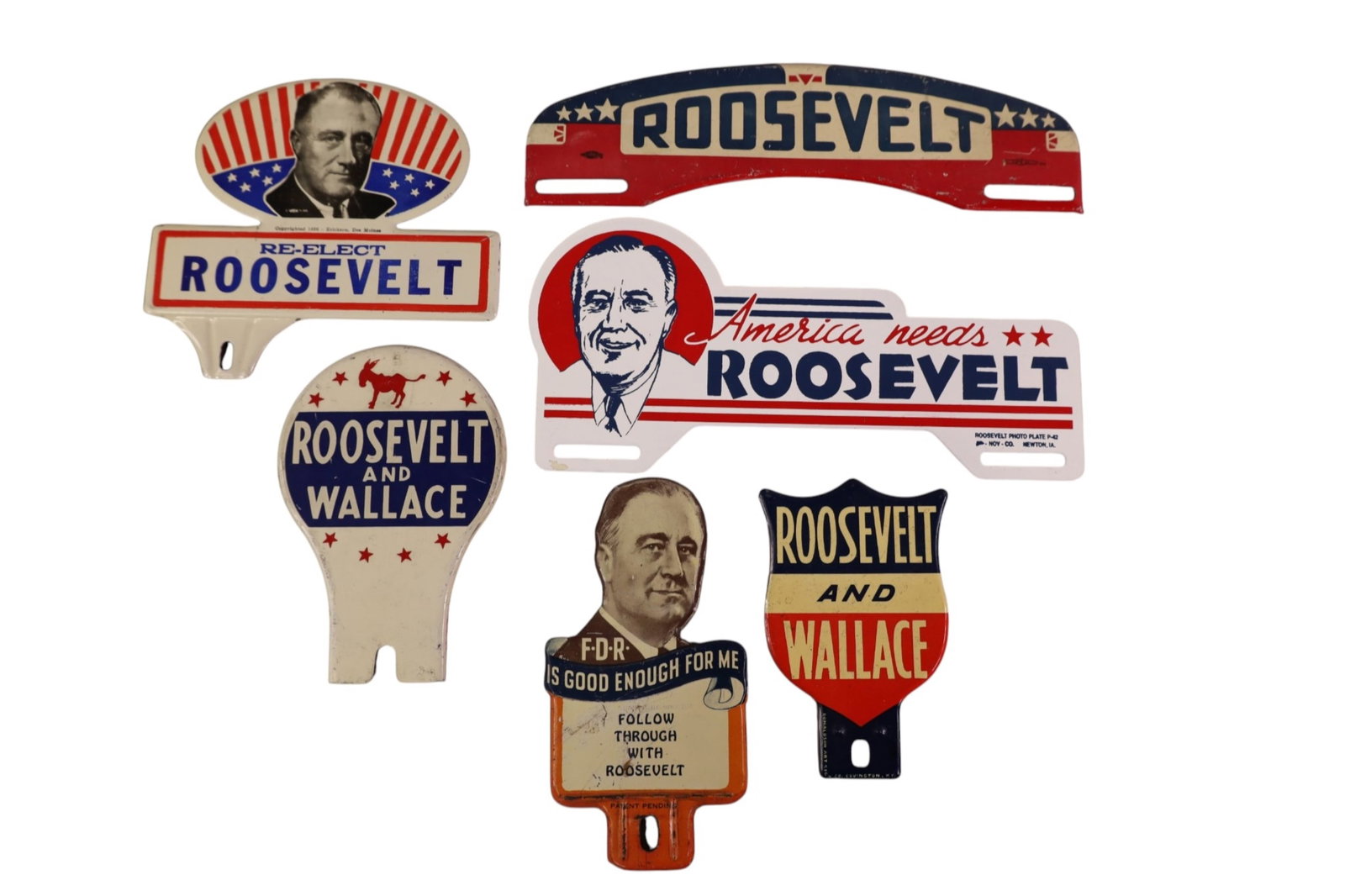 6 ROOSEVELT POLITICAL LICENSE PLATE TOPPERS: ROOSEVELT POLITICAL LICENSE PLATE TOPPERS.
