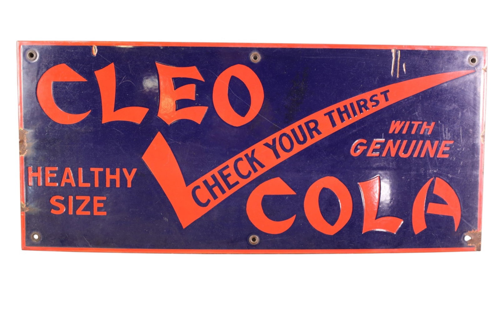 CLEO COLA PORCELAIN SIGN: SSP CLEO COLA CHECK YOUR THIRST SIGN, CHIPS. 27" x 12"
