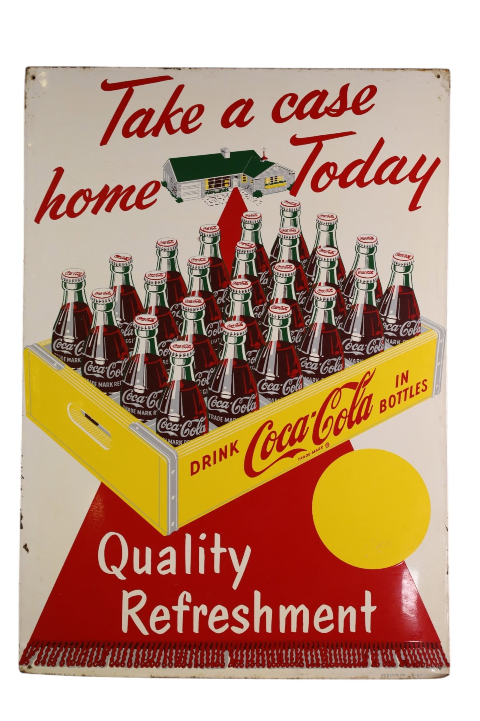 COCA COLA TAKE A CASE HOME TODAY METAL SIGN: SST COCA COLA TAKE A CASE HOME TODAY SIGN, RUST, PAINT LOSS. 20" x 28"