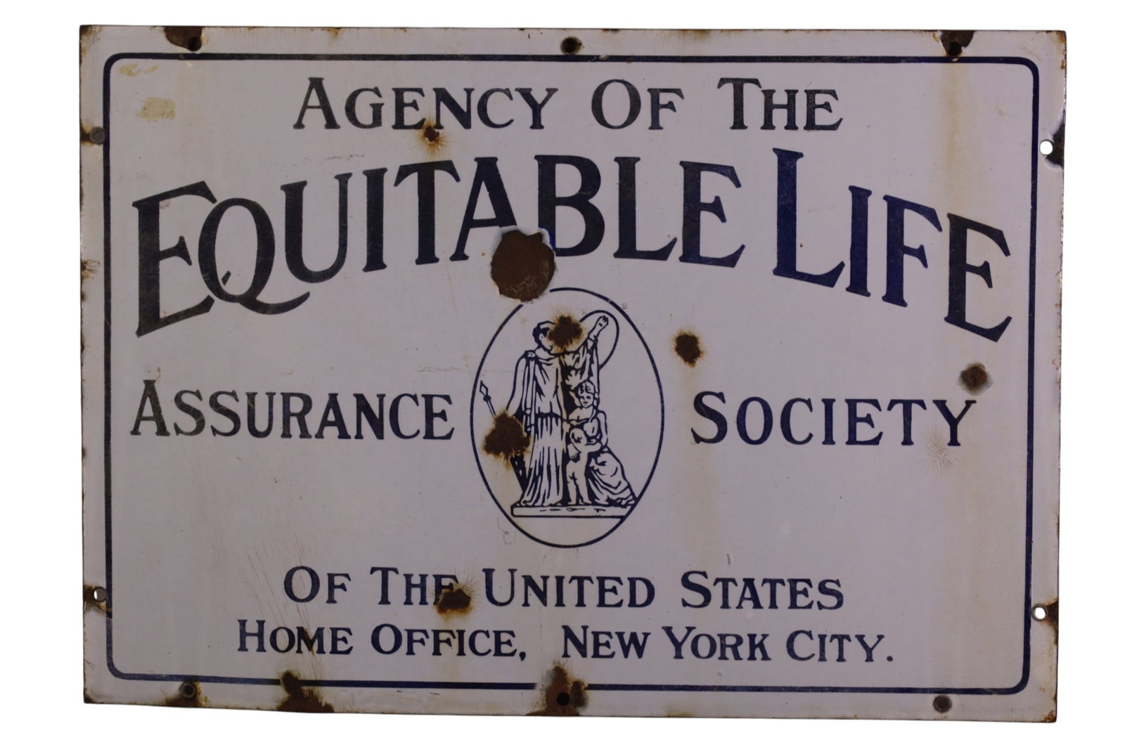 EQUITABLE LIFE INSURANCE PORCELAIN SIGN: SSP EQUITABLE LIFE INSURANCE SIGN, CHIPS. DISCOLORATION. 20" x 14"