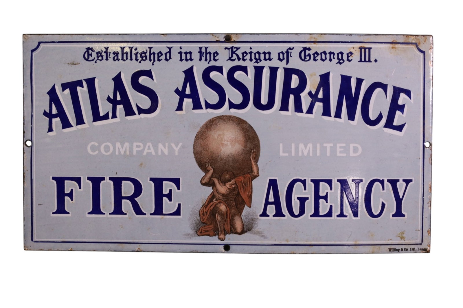 ATLAS ASSURANCE PORCELAIN SIGN: SSP ATLAS ASSURANCE FIRE SIGN, WITH GRAPHICS. 15" x 8"