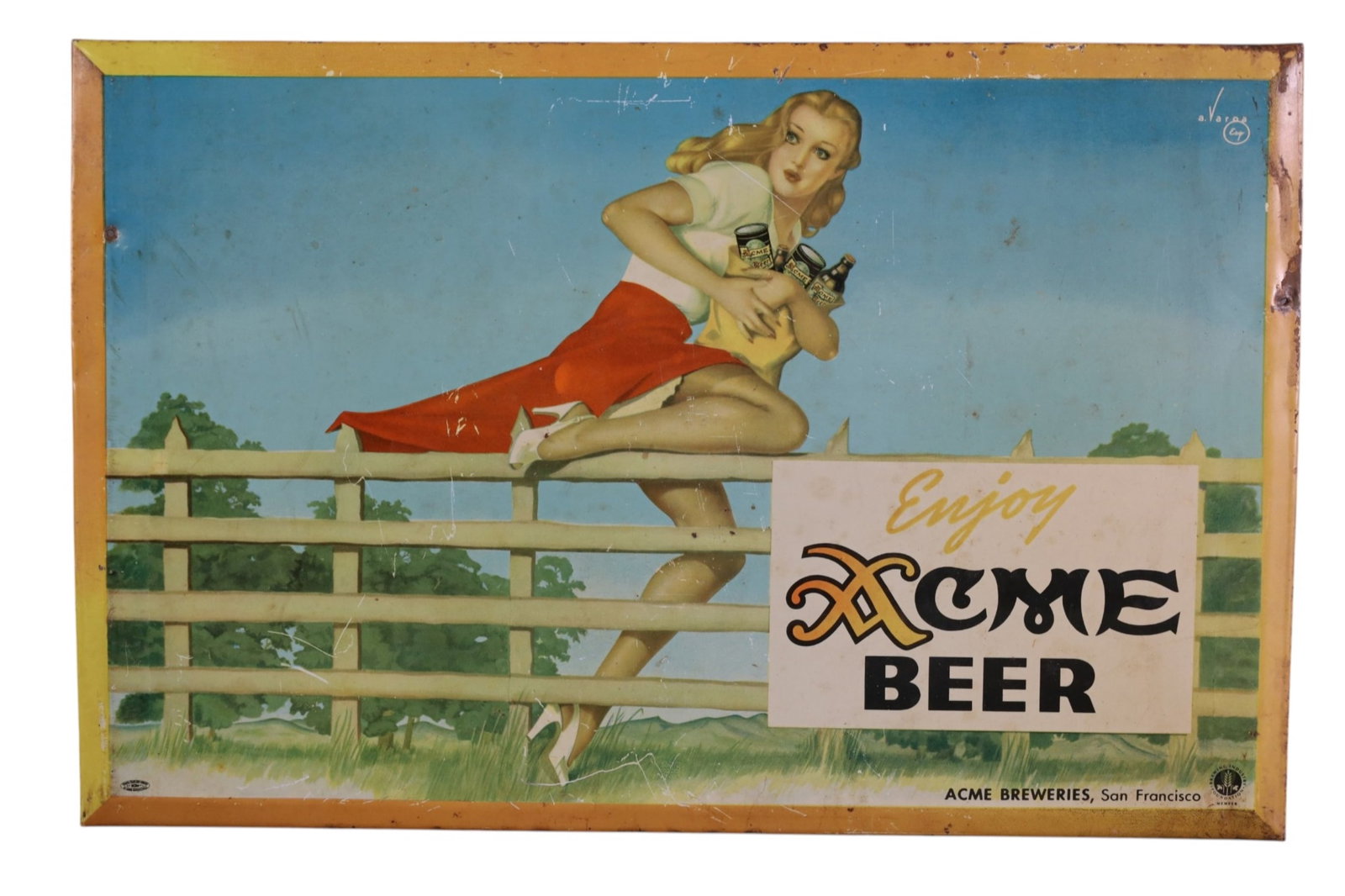 ACME BEER METAL SIGN: SST OVER CARDBOARD, ENJOY ACME BEER S.F. 17" x 11"