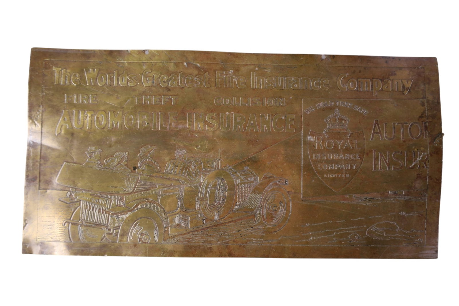 ROYAL INSURANCE SIGN: FRAMED BRASS ROYAL INSURANCE SIGN. 14" x 7"