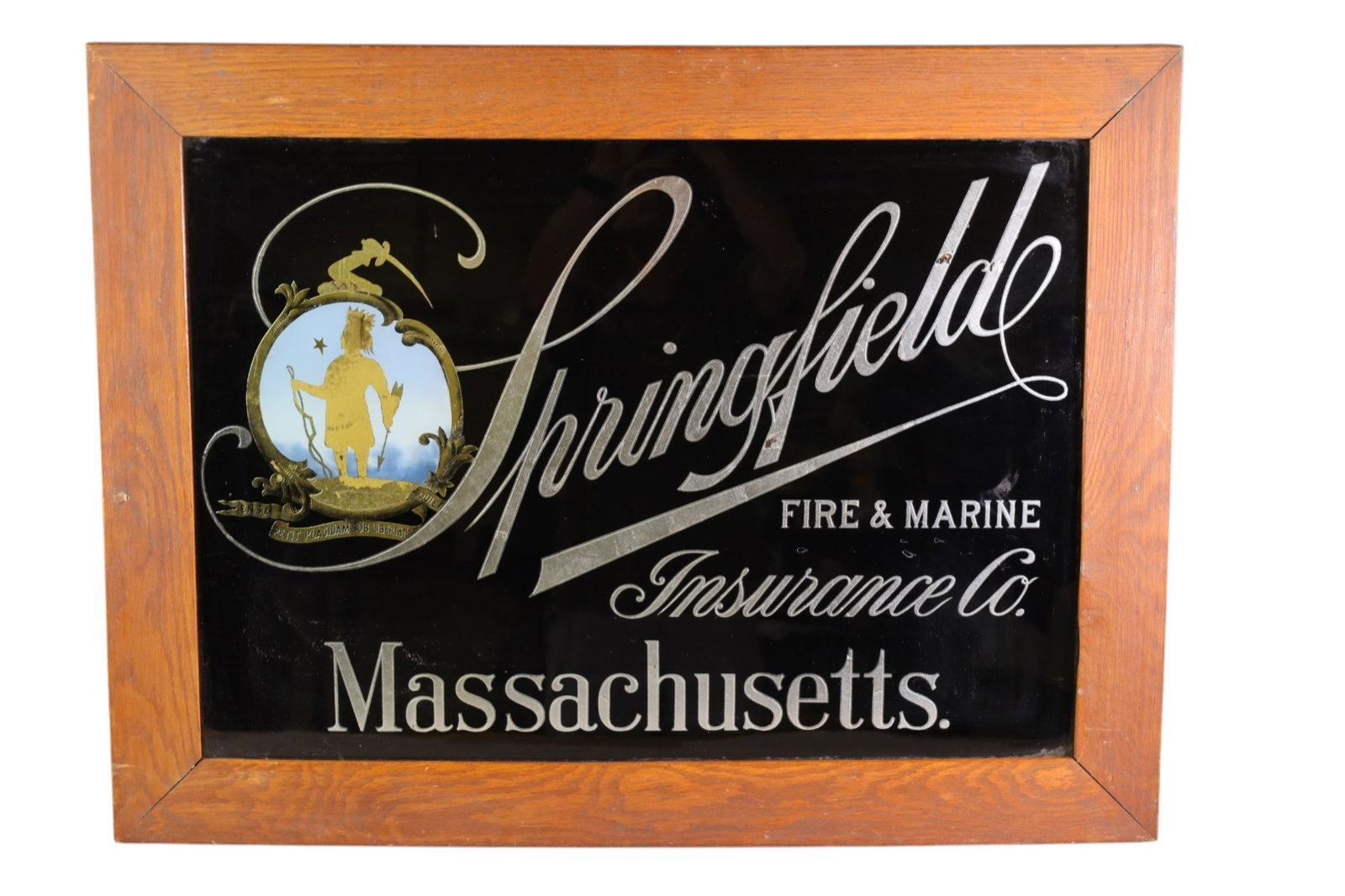 SPRINGFIELD FIRE & MARINE INSURANCE AD: SPRINGFIELD FIRE AND MARINE INSURANCE AD, REVERSE PAINTED GLASS IN OAK FRAME. 33" x 25"