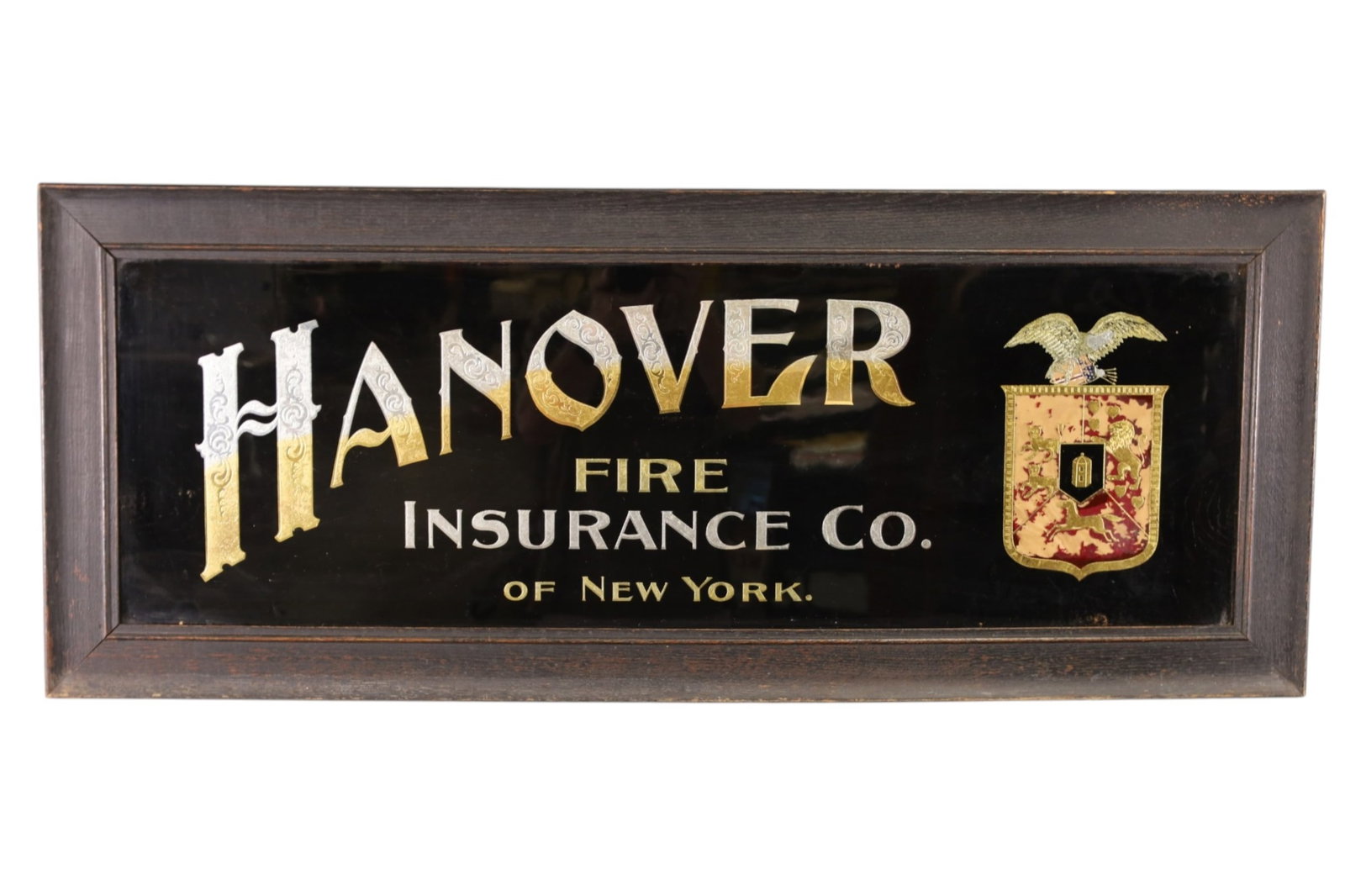 HANOVER FIRE INSURANCE CO AD: HANOVER FIRE INSURANCE CO REVERSE PAINTED GLASS AD, IN FRAME. 40" x 16 1/2"