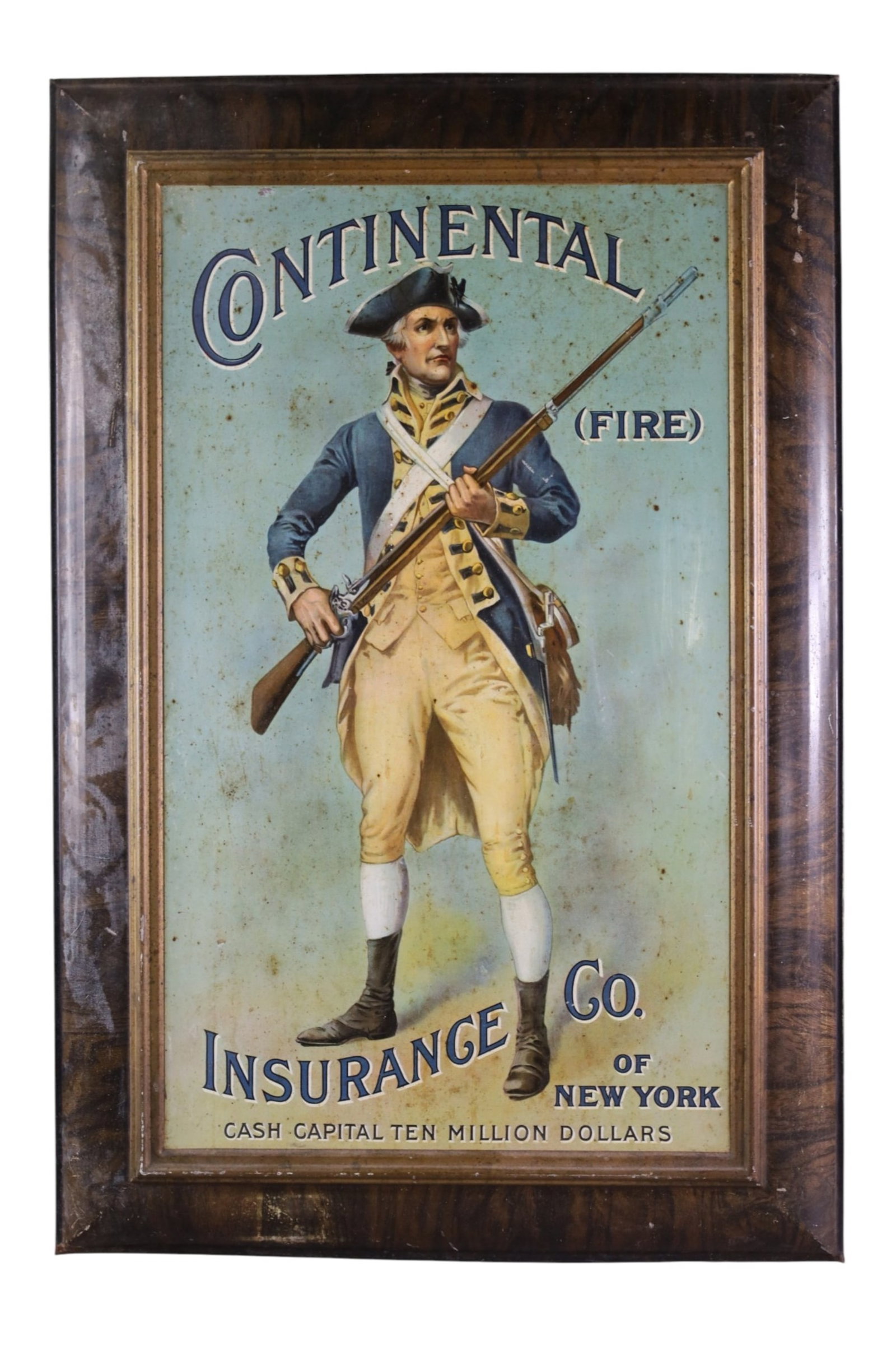 CONTINENTAL FIRE INSURANCE CO SIGN: SST CONTINENTAL FIRE AGENCY AD, SELF FRAMED WITH SOLDIER GRAPHICS . RUST, PAINT LOSS. 20" x 30"