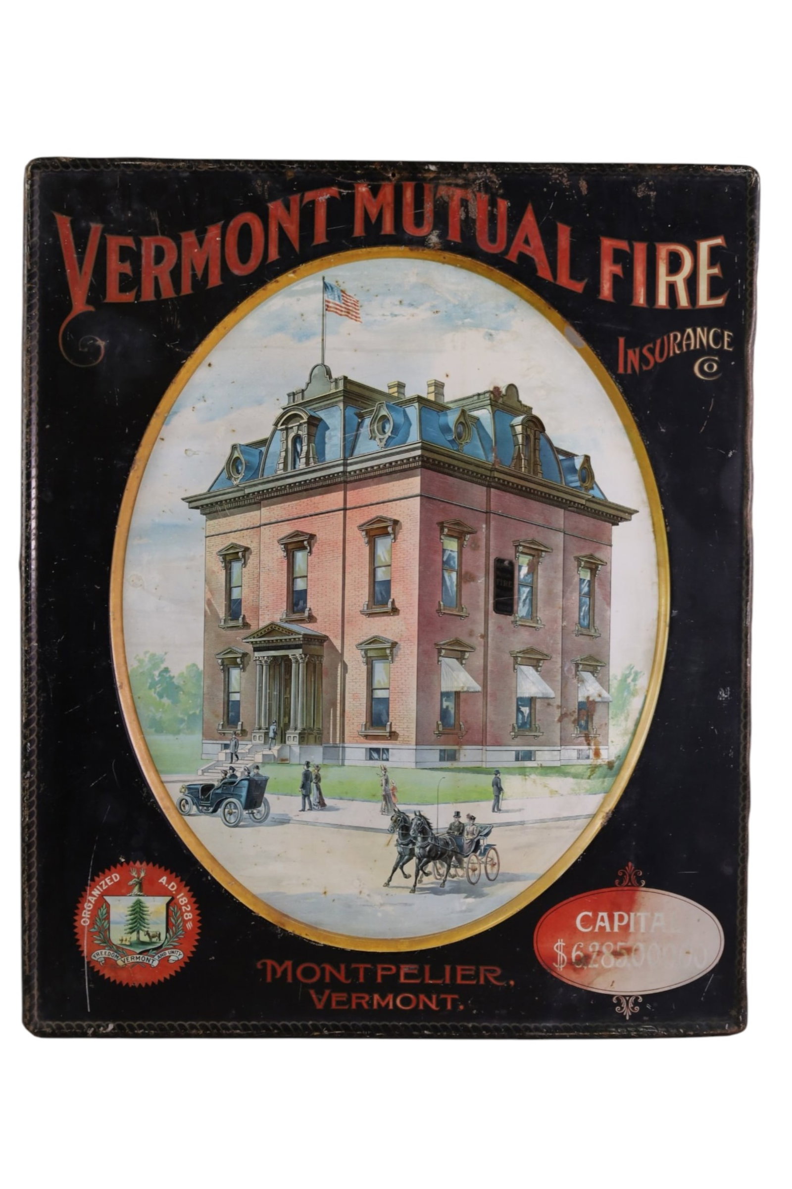 VERMONT MUTUAL FIRE INSURANCE SIGN: VERMONT MUTUAL FIRE INSURANCE SST SELF FRAMED AD. PAINT LOSS SCRATCHES. 20" X 24"