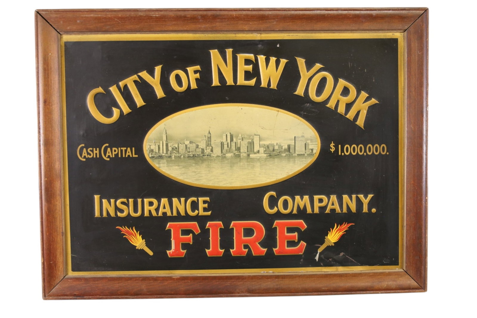 CITY OF NEW YORK FIRE INSURANCE CO SIGN: SST CITY OF NEW YORK FIRE INSURANCE CO, IN FRAME. DENTS, SCRATCHES. 30 1/2" x 22 1/2"