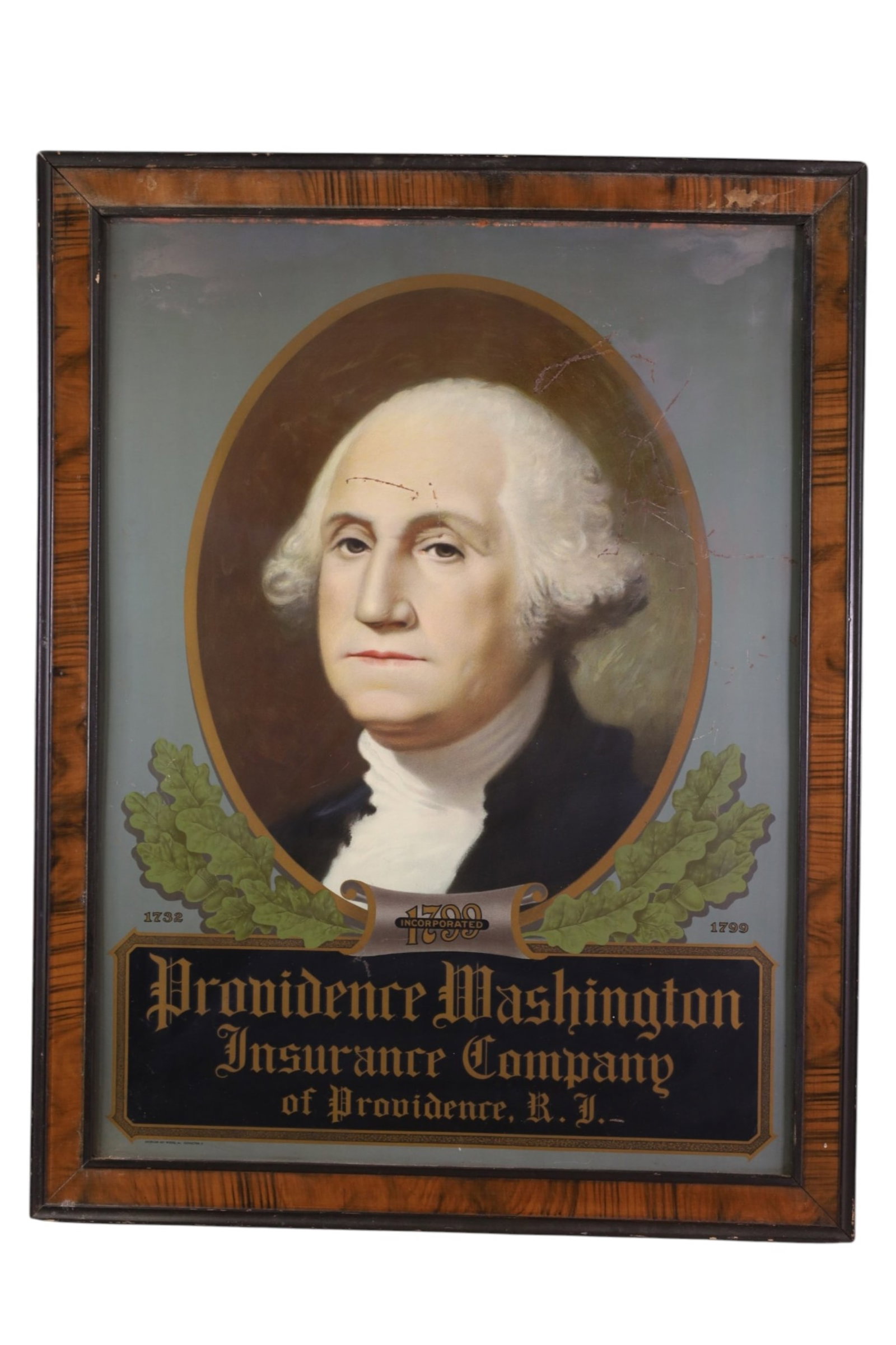 PROVIDENCE WASHINGTON INSURANCE CO SIGN: SST IN FRAME PROVIDENCE R.I. WASHINGTON INSURANCE CO. SCRATCHES. 20" x 26"