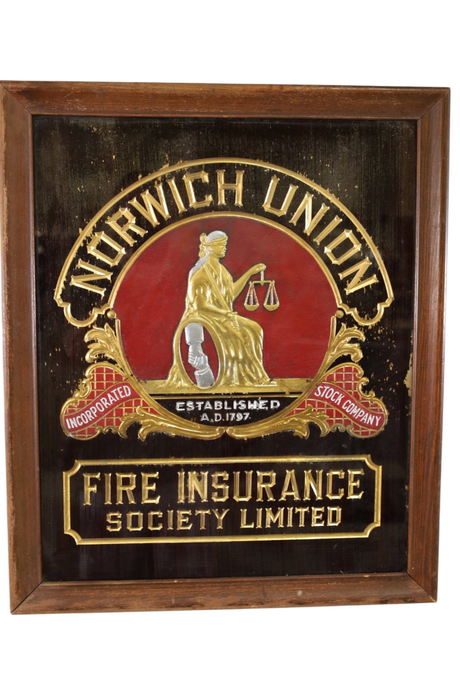 NORWICH FIRE INSURANCE AD: NORWICH FIRE INSURANCE, AD, REVERSE PAINTED GLASS IN FRAME. 20 1/2" x 25"