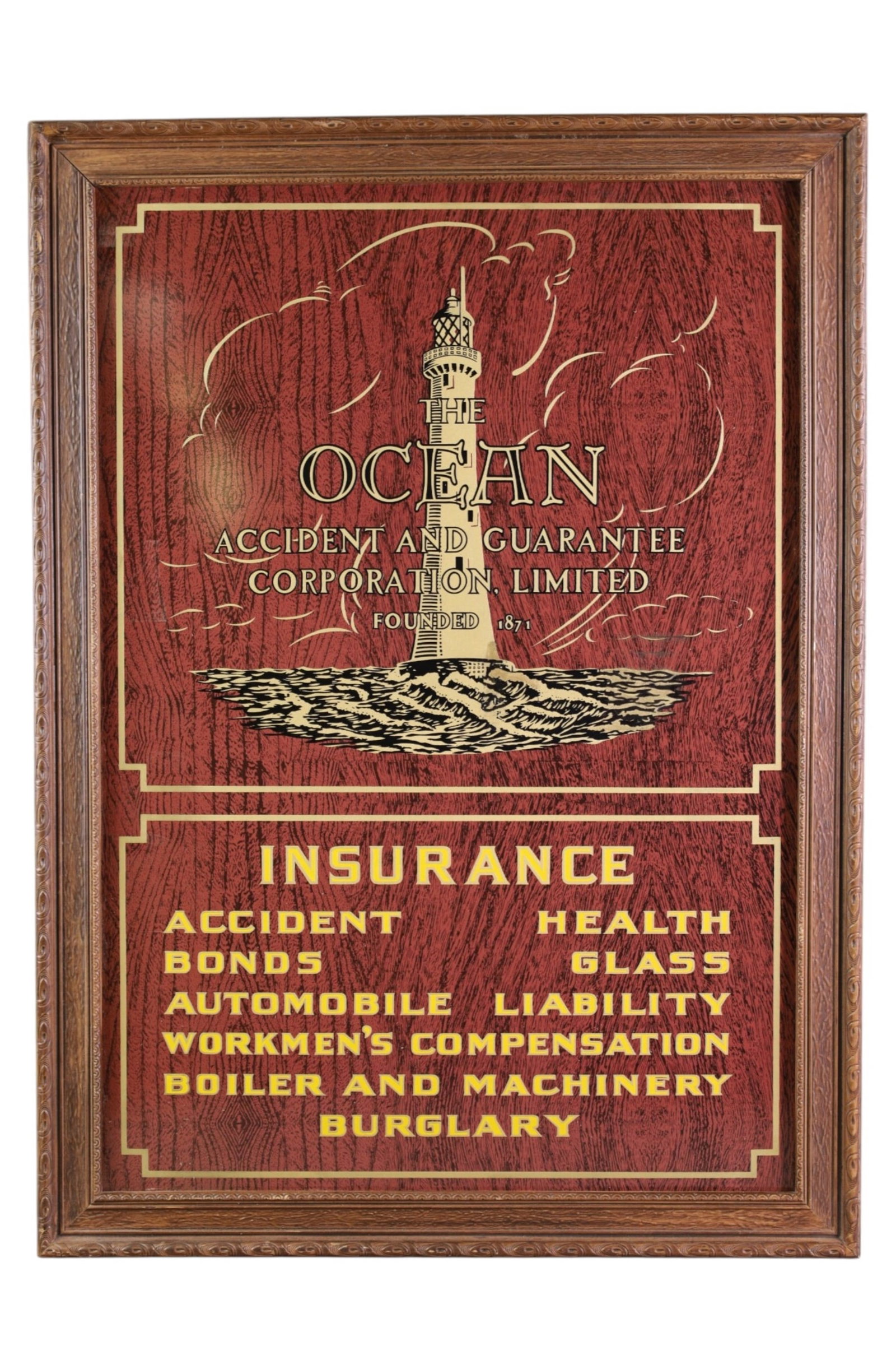 THE OCEAN INSURANCE CO SIGN: SST THE OCEAN ACCIDENT AND GUARANTEE INSURANCE FRAMED AD. 19" x 26"