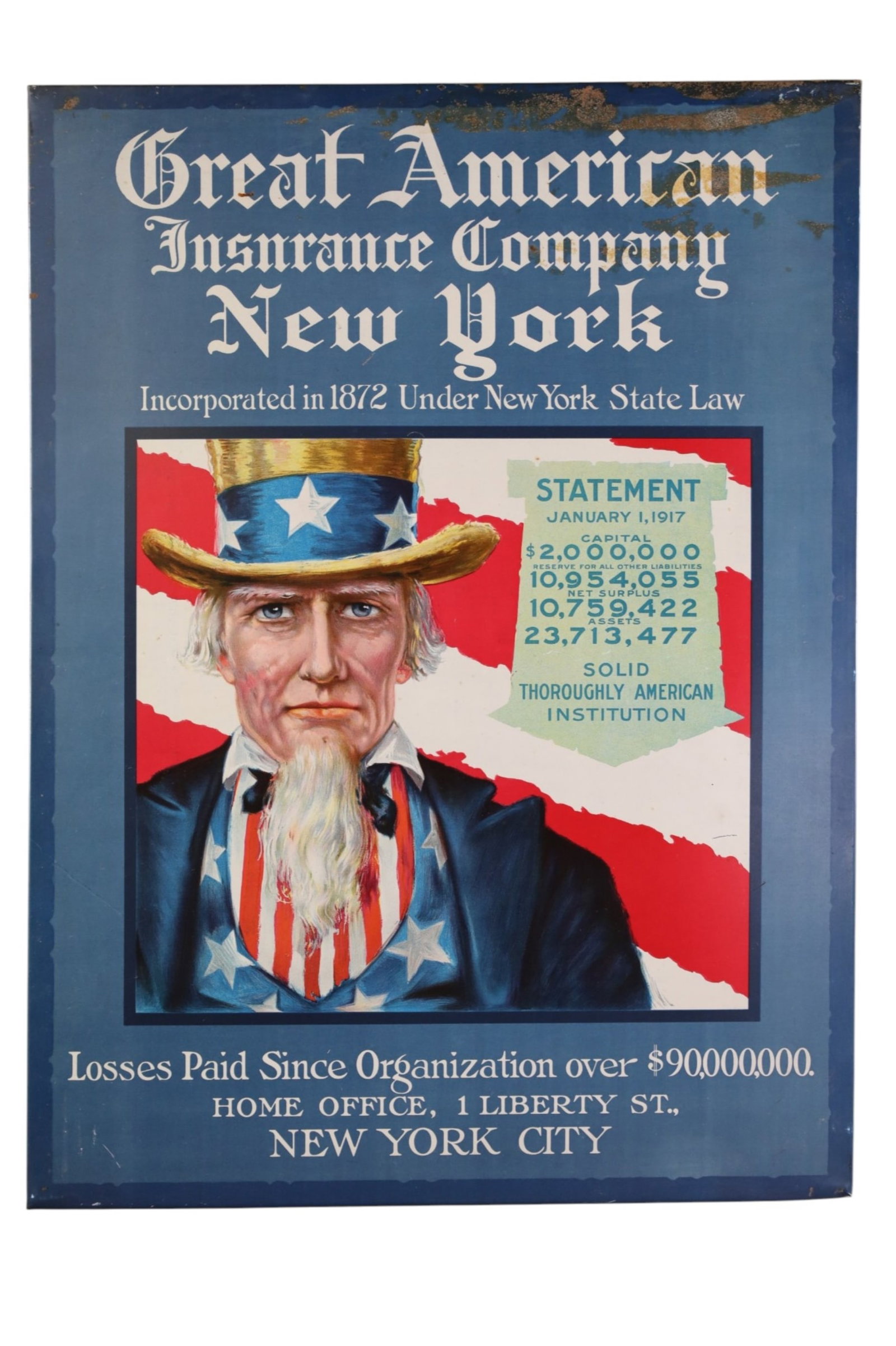 THE GREAT AMERICAN INSURANCE CO SIGN: THE GREAT AMERICAN INSURANCE CO N.Y. SST OVER CARDBOARD, RUST, PAINT LOSS. 17" x 23"
