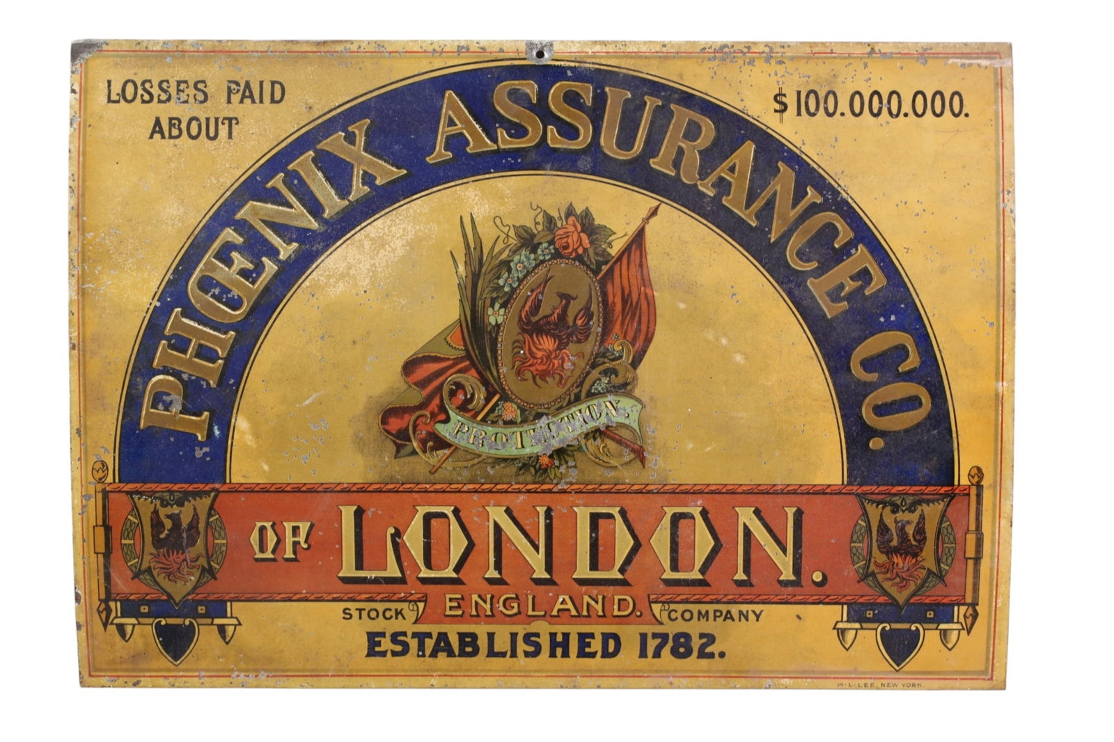 PHOENIX ASSURANCE CO SIGN: SST PHOENIX ASSURANCE CO OF LONDON, PAINT LOSS, RUST. 20" X 14"