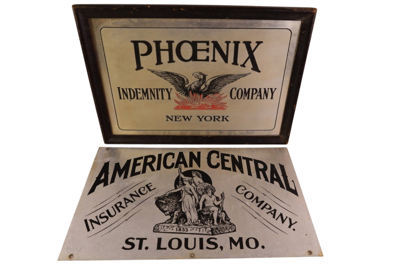 2 METAL INSURANCE SIGNS: PHOENIX INDEMNITY CO NEW YORK & AMERICAN CENTRAL INSURANCE CO. SCRATCHES. 20" x 12"