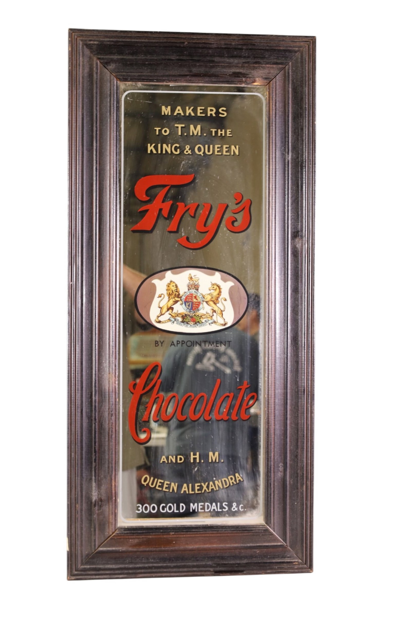 FRY'S CHOCOLATE ADVERTISING MIRROR: PAINTED MIRROR IN FRAME, FRY'S CHOCOLATE. 15" X 33 1/2"