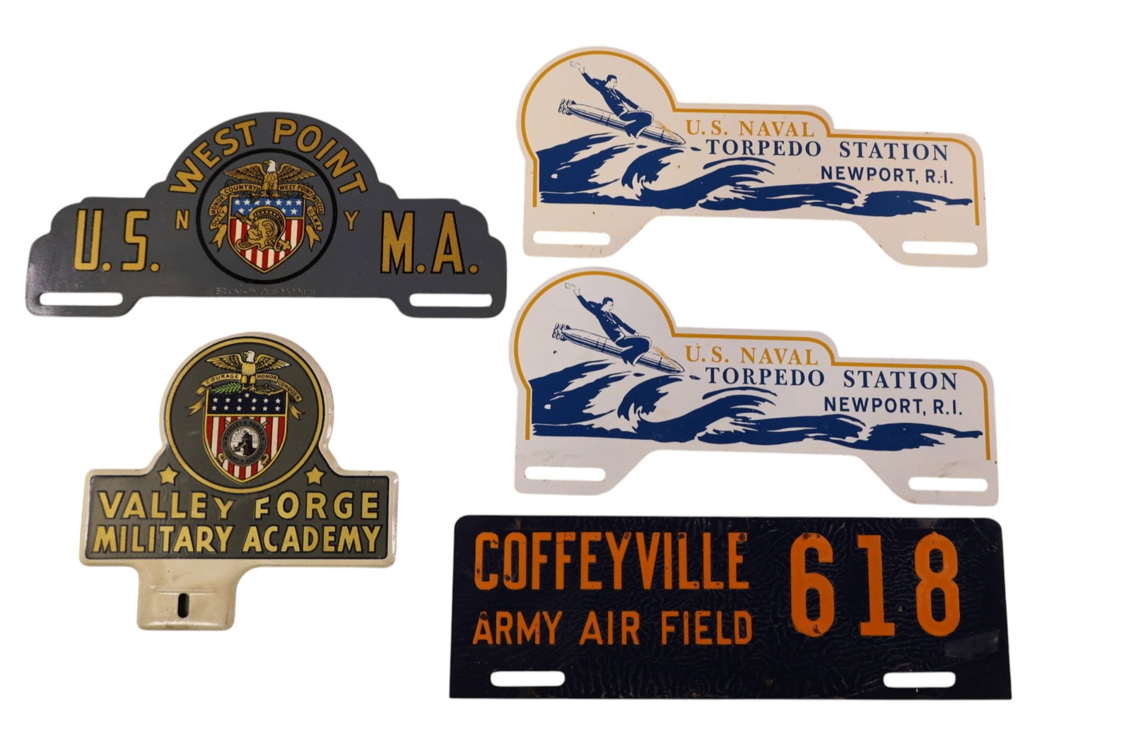 5 MILITARY LICENSE PLATE TOPPERS.: NAVY, WESTPOINT, AND MORE.