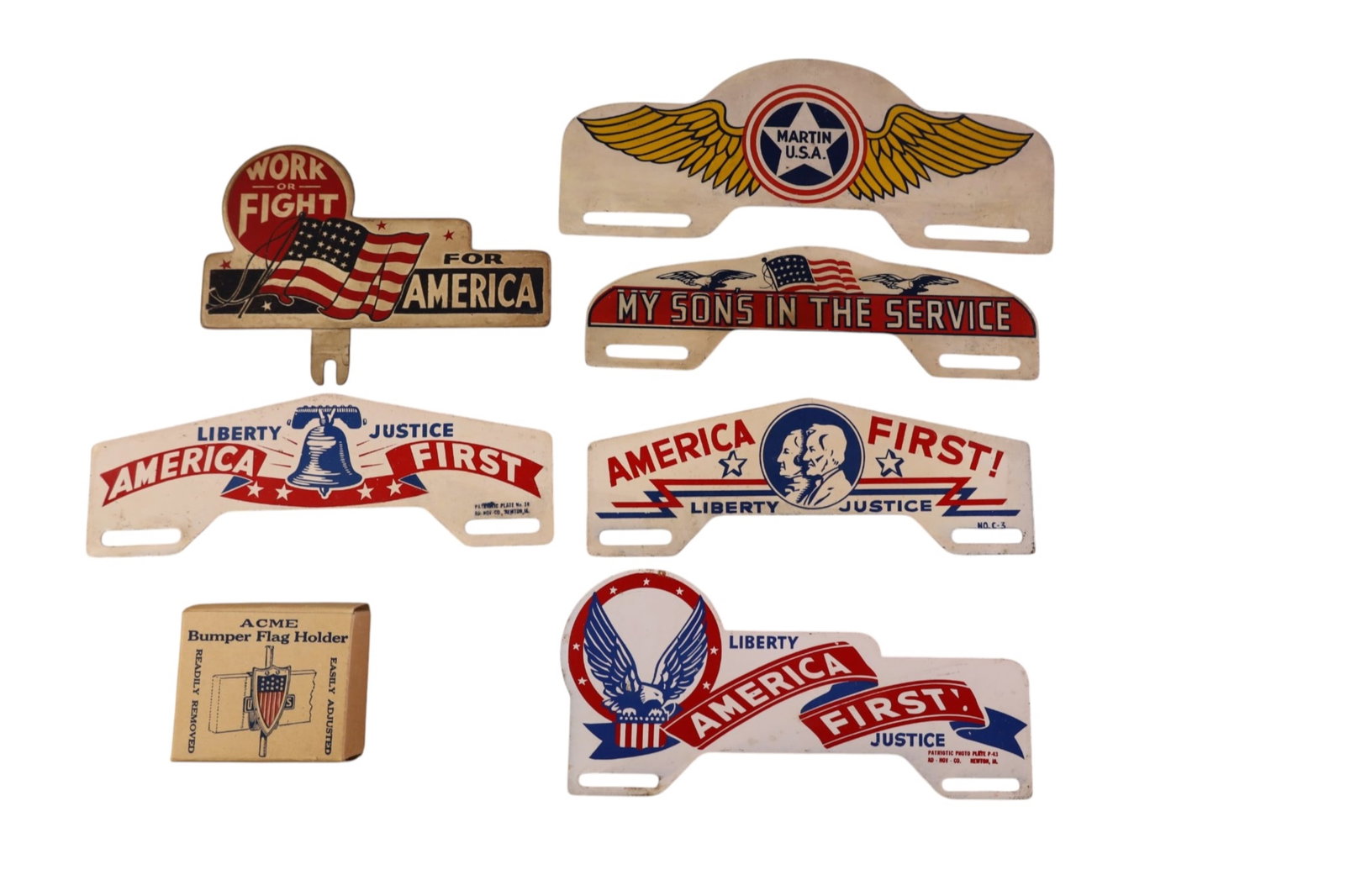 7 AMERICAN LICENSE PLATE TOPPERS: AMERICA FIRST, WORK OR FIGHT,