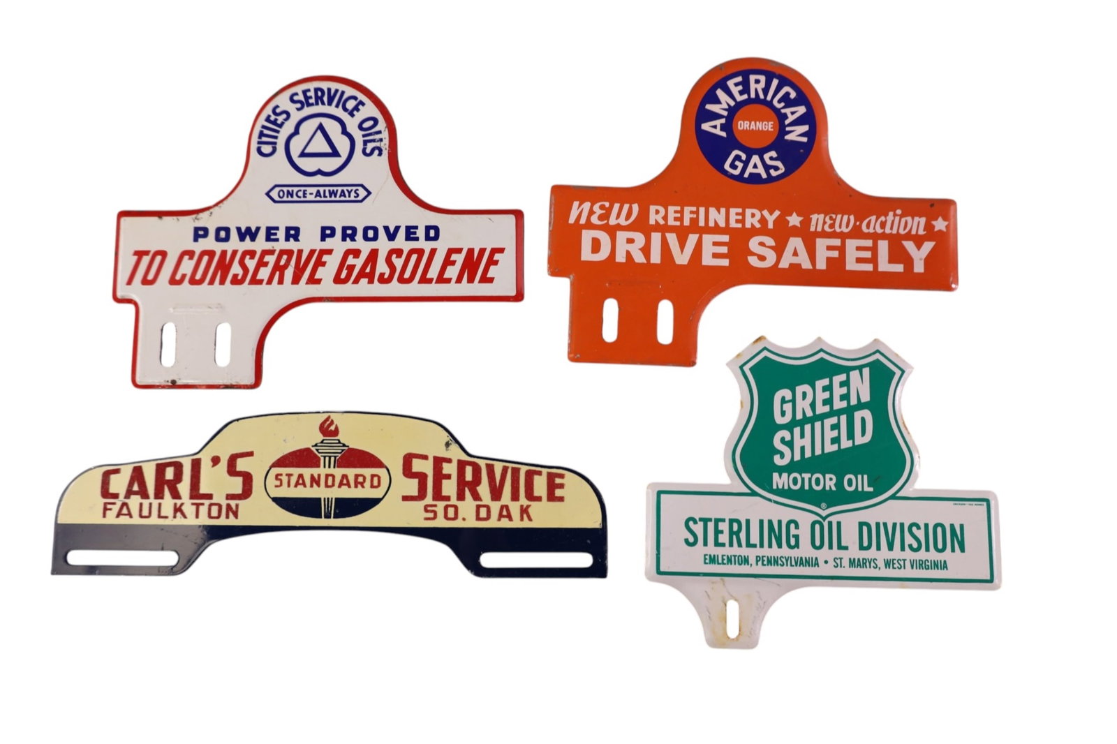 4 GASOLINE LICENSE PLATE TOPPERS: AMERICAN GAS, GREEN SHIELD, AND CITIES SERVICE.