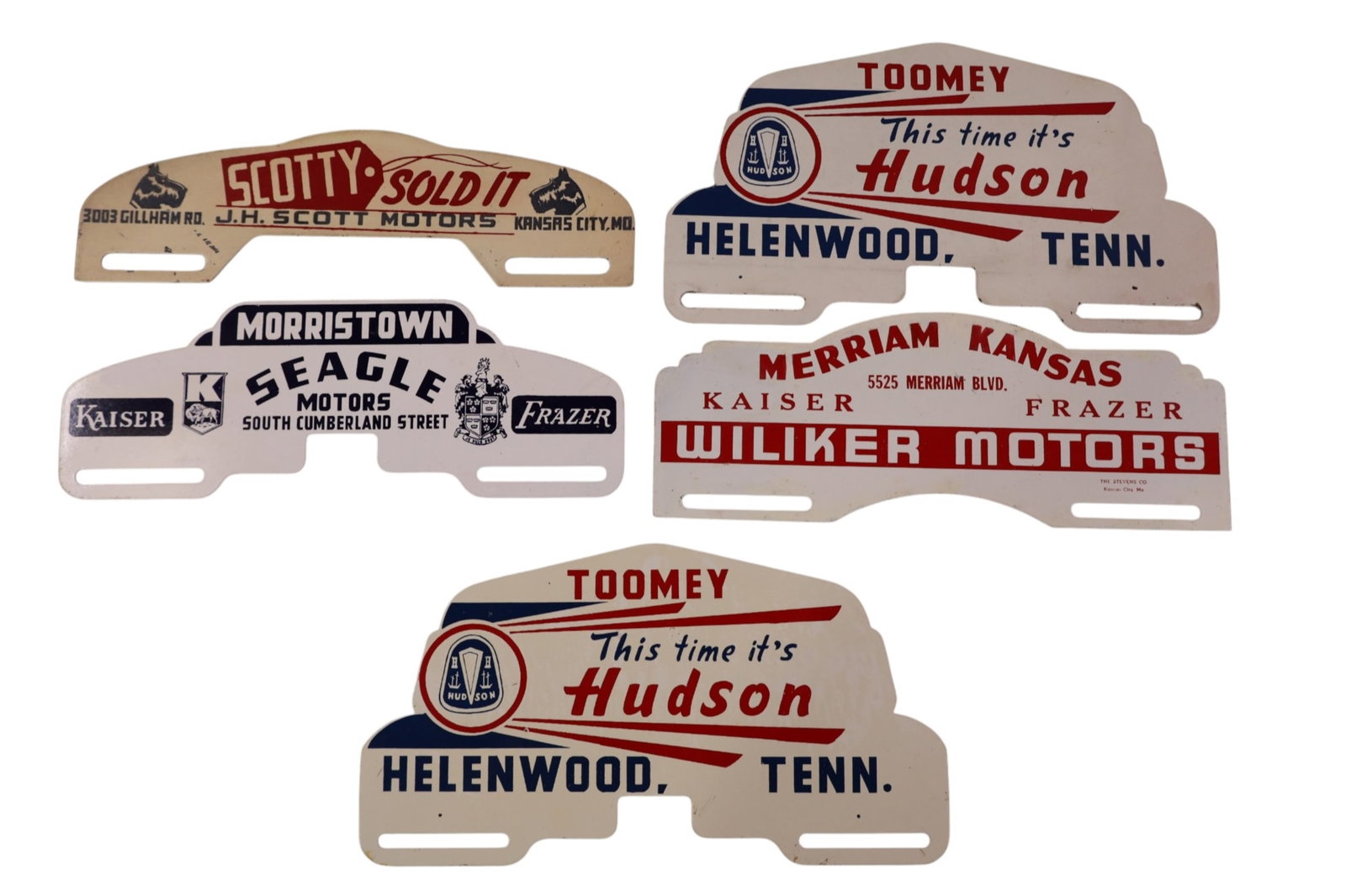 5 LICENSE PLATE TOPPERS: HUDSON MOTORS, KAISER,