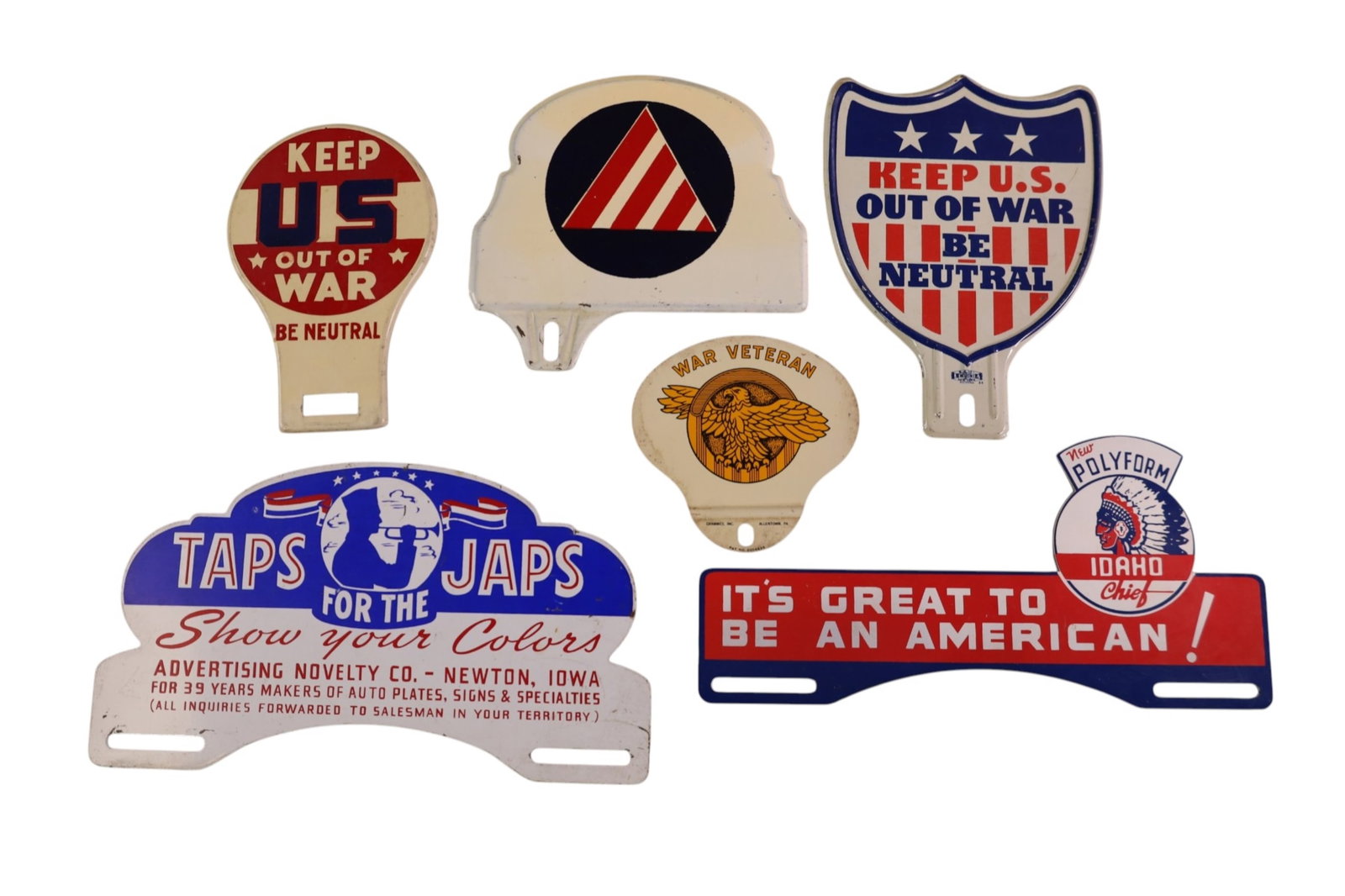 6 MILITARY LICENSE PLATE TOPPERS: WAR VETERAN, GREAT AMERICAN,
