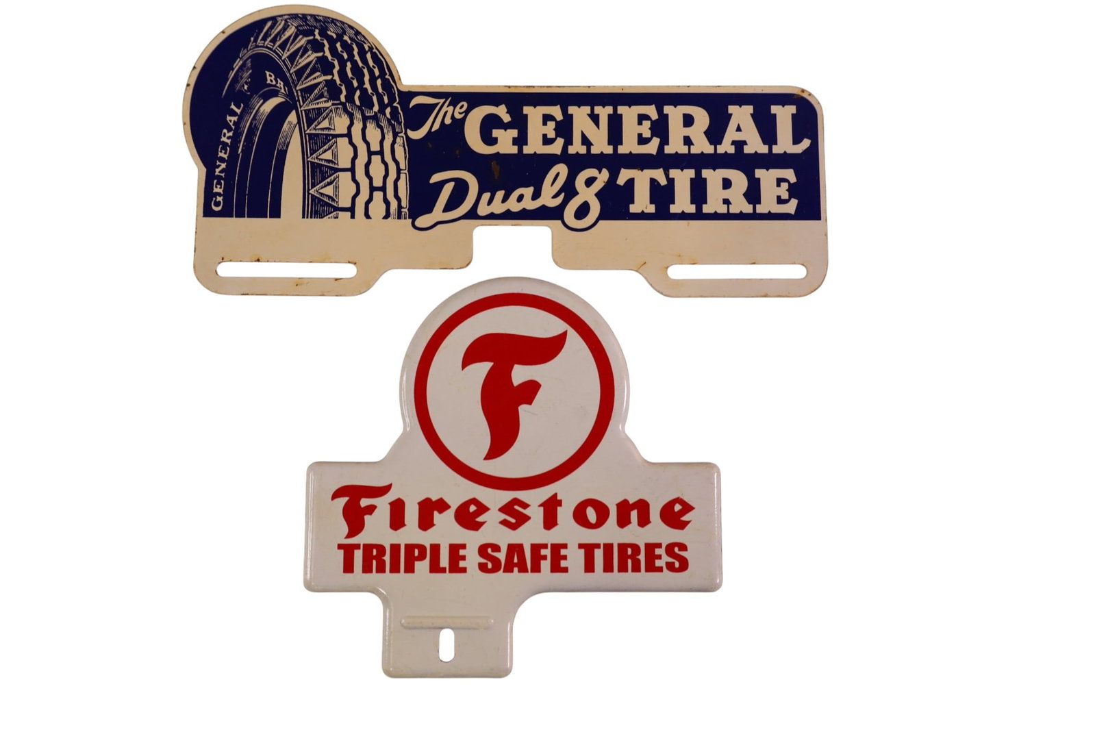 2 TIRE LICENSE PLATE TOPPERS: FIRESTONE & GENERAL TIRE.