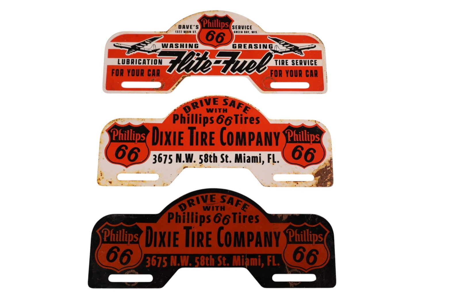 3 PHILLIPS 66 LICENSE PLATE TOPPERS: PHILLIPS 66 LICENSE PLATE TOPPERS, DIXIE TIRE AND FLIGHT FUEL