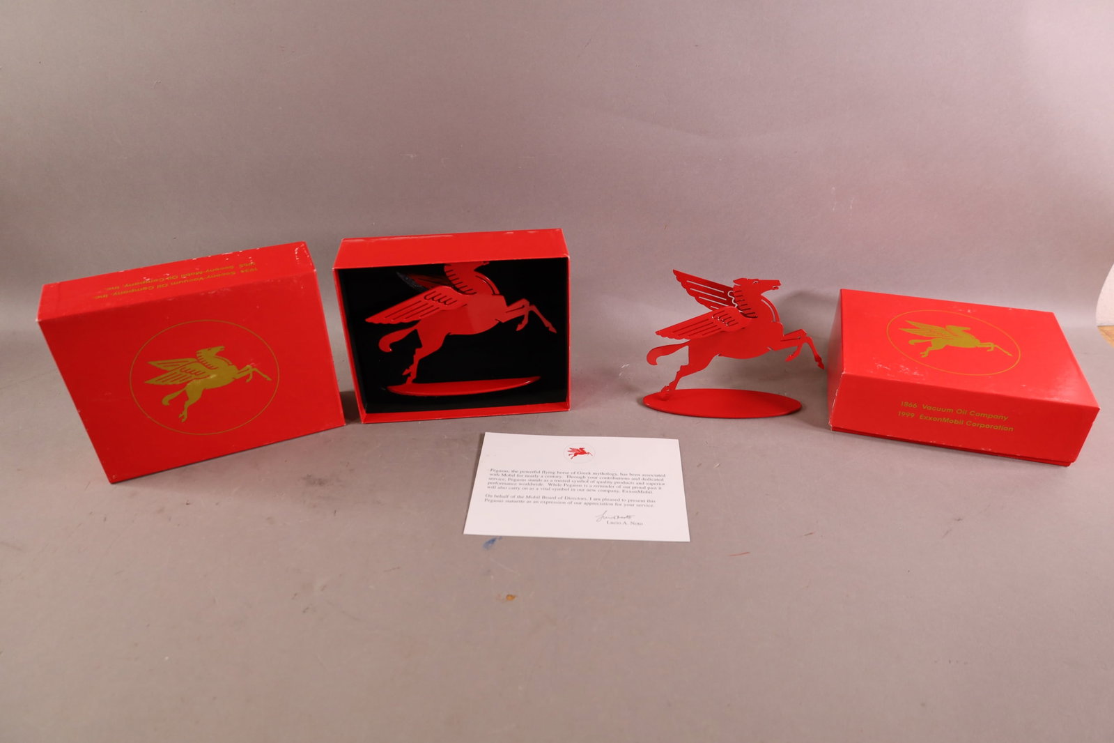 2 MOBIL PEGASUS STATUETTES: IN ORIGINAL BOXES, 7" x 5 1/2"