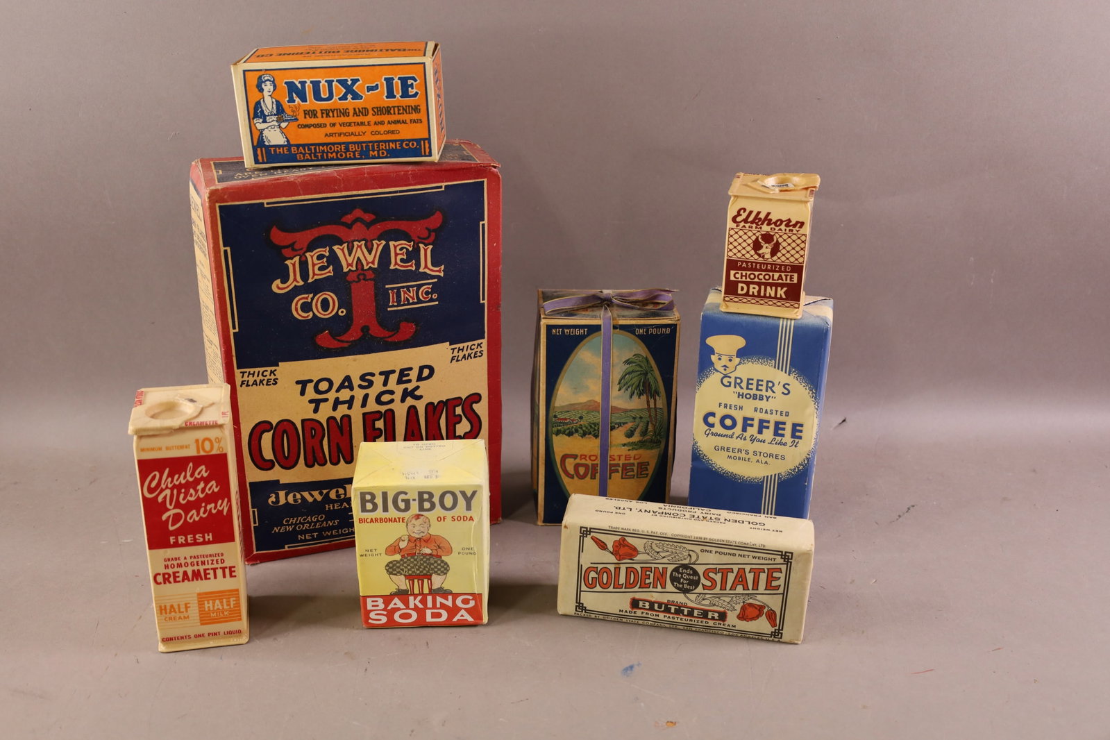 8 FOOD ADVERTISEMENTS: CARDBOARD BOXES, COFFEE, CORN FLAKES, BUTTER AND MORE