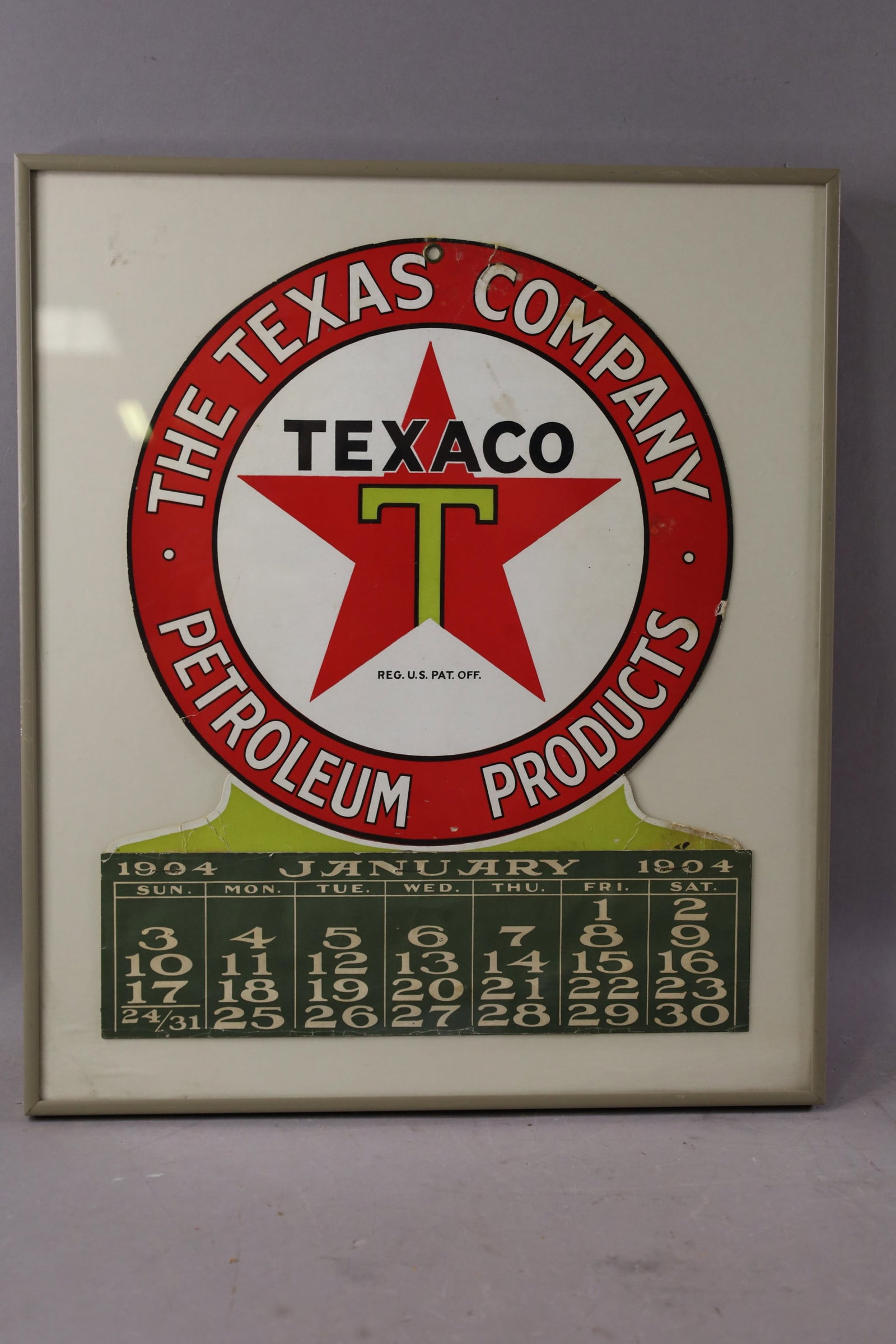 1904 FRAMED TEXACO CALENDAR: FRAMED 1904 TEXACO CO FRAMED CALENDAR. 11" x 15"