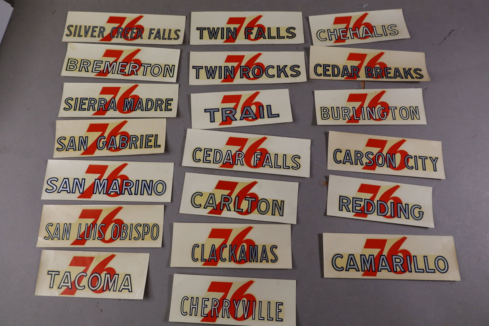 20 UNION 76 WATER TRANSFER DECALS: INCLUDING, TACOMA, SAN MARINO, REDDING, AND MORE .EDGES ARE CURLED