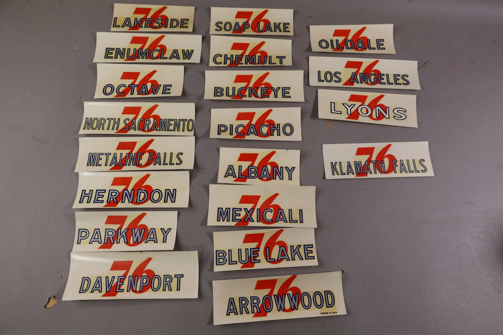 20 UNION 76 WATER TRANSFER DECALS: INCLUDING, OILDALE, ARROWWOOD, SOAP LAKE, AND MORE EDGES ARE CURLED