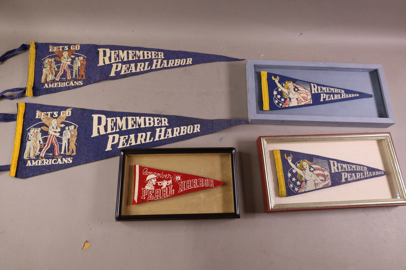 5 REMEMBER PEARL HARBOR PENNANTS: FELT PENNANTS, 8" - 23" L.