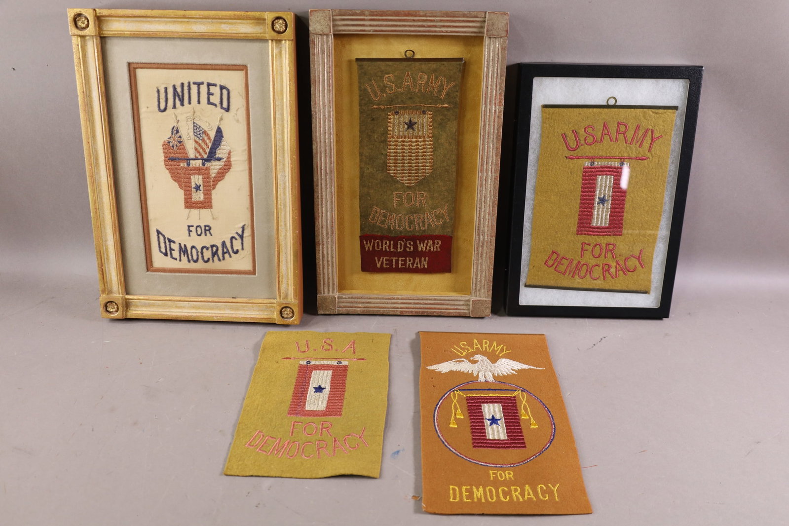 5 WWI SON IN SERVICE BANNERS: SON IN SERVICE" US FOR DEMOCRACY BANNERS. 9" - 11