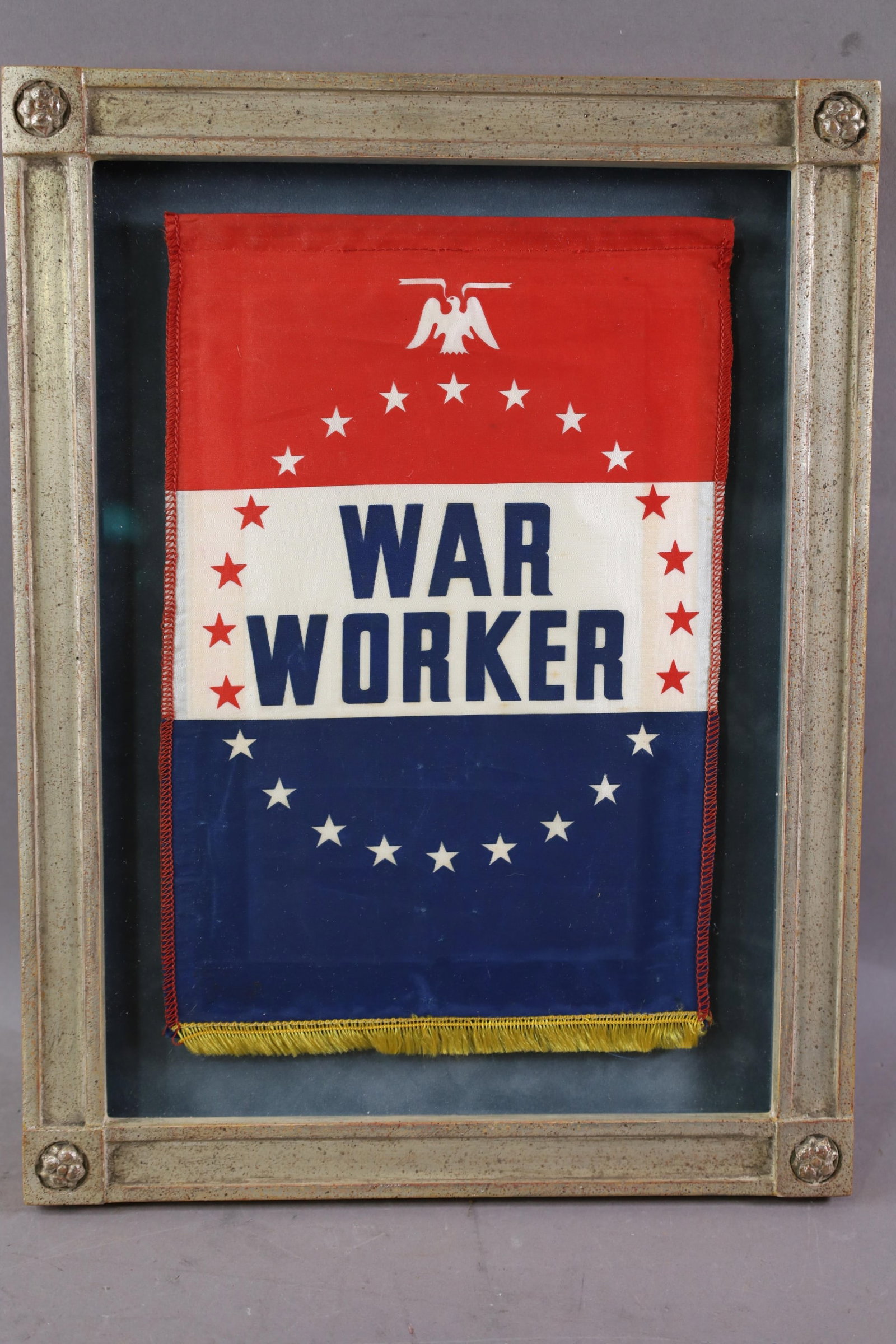 WAR WORKER FRAMED BANNER: WWII WAR WORKER, HOMEFRONT BANNER. SILK. 11" H
